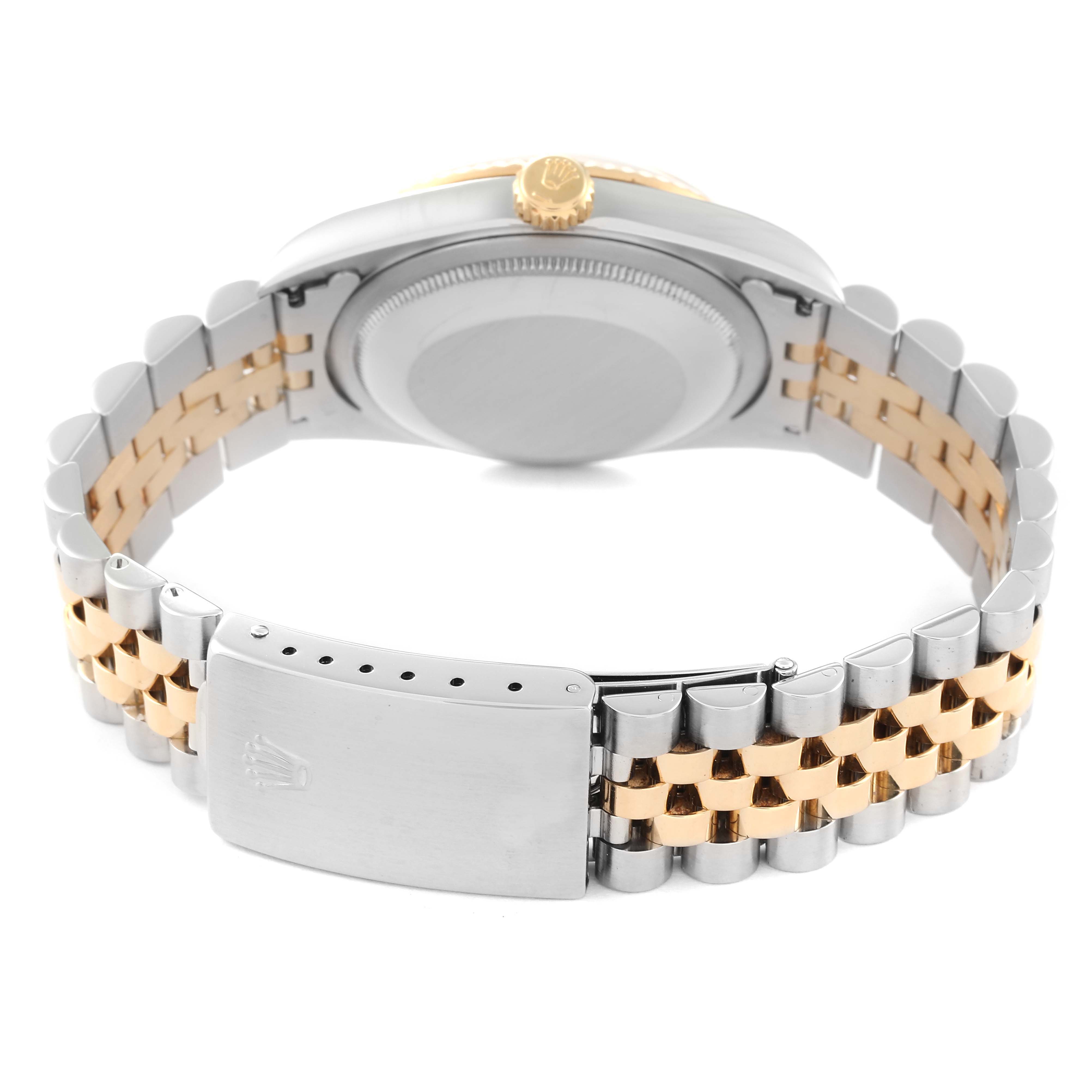This image shows the backside and bracelet clasp of a Rolex Datejust 16233 Men's Steel and Gold (two tone) Champagne Dial 16233 Men's Steel and Gold (two tone) Champagne Dial watch from a rear angle.