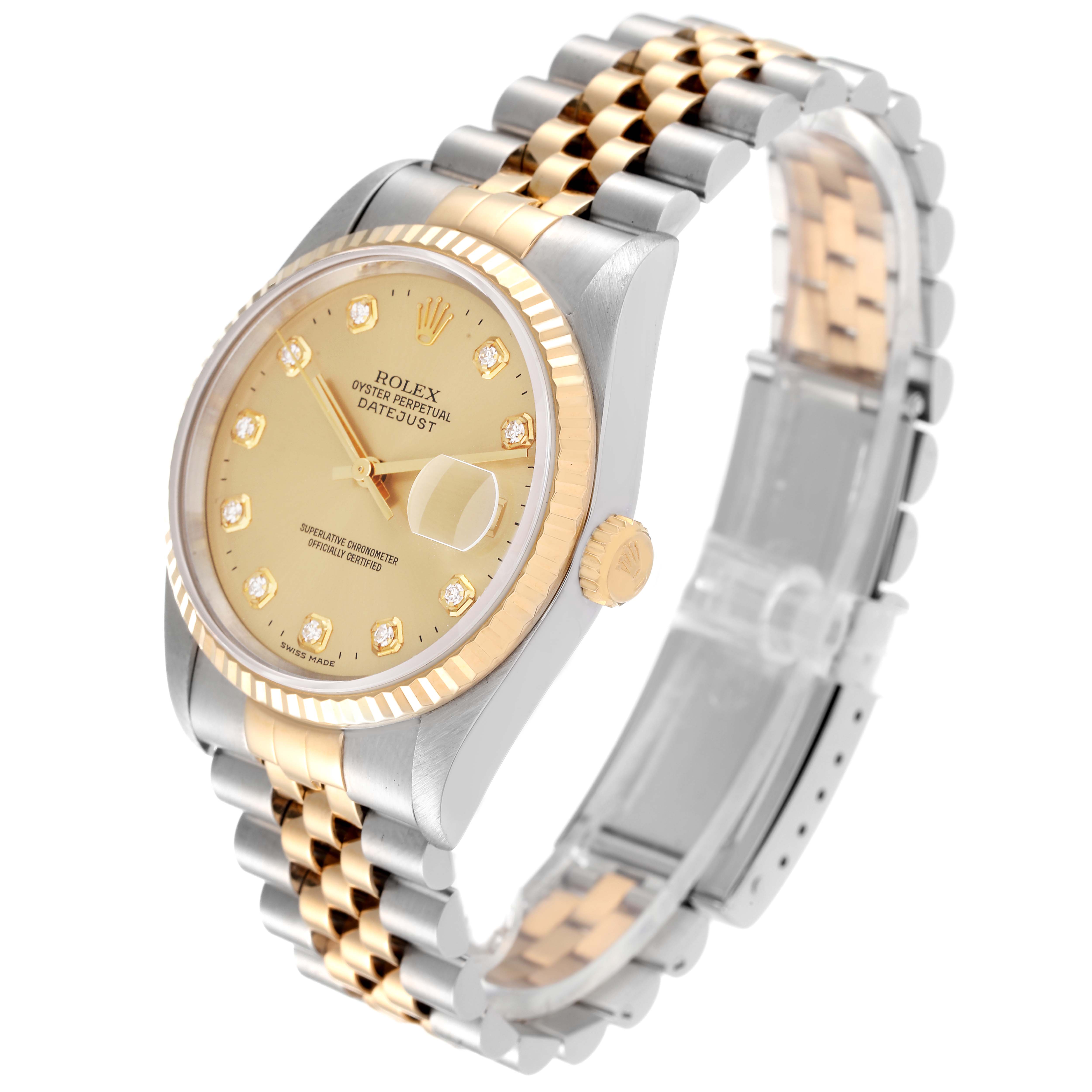 This image shows a side and front perspective of a Rolex Datejust 16233 Men's Steel and Gold (two tone) Champagne Dial 16233 Men's Steel and Gold (two tone) Champagne Dial watch, highlighting its dial, bezel, and bracelet.