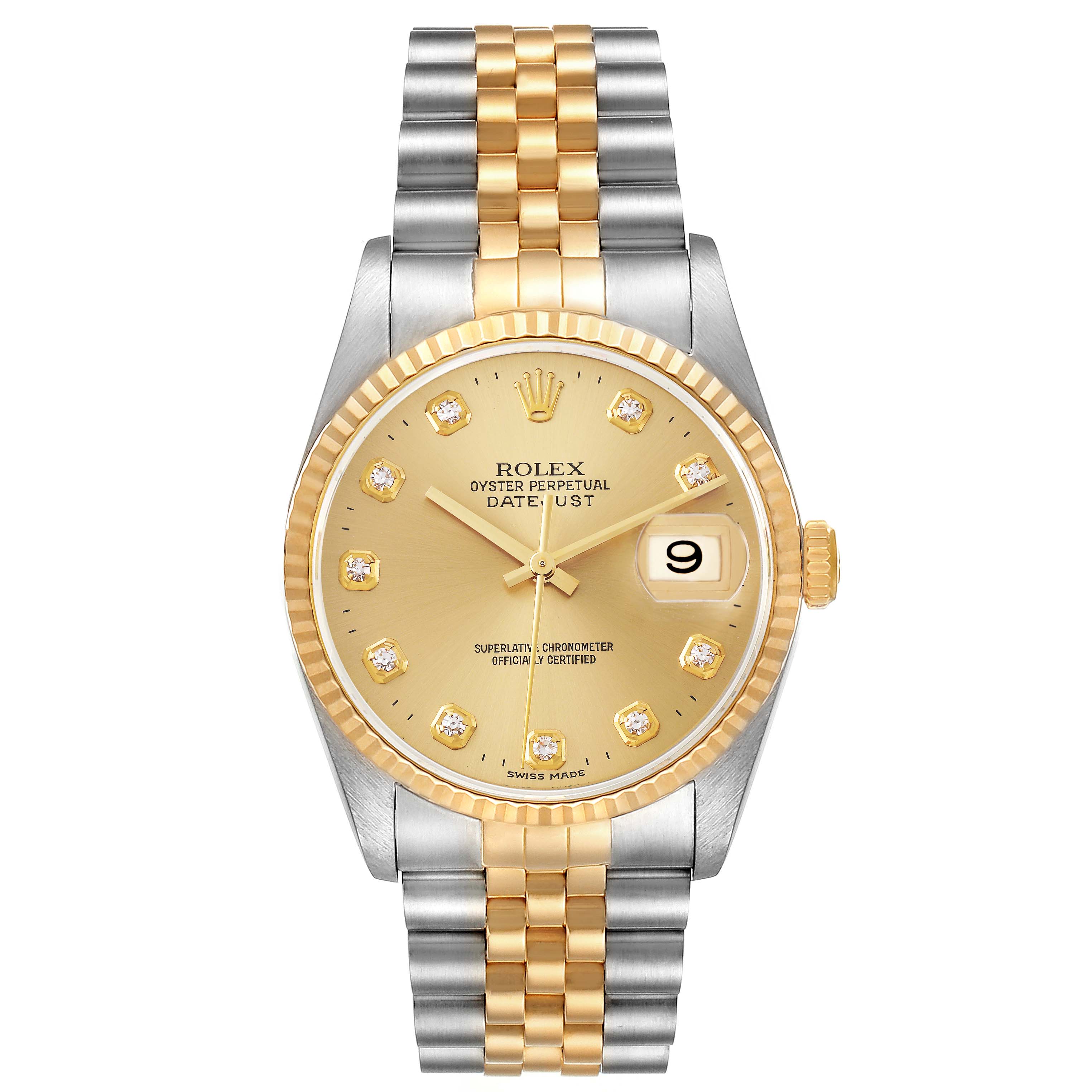 The image shows a Rolex Datejust 16233 Men's Steel and Gold (two tone) Champagne Dial 16233 Men's Steel and Gold (two tone) Champagne Dial watch from a top view, featuring a gold and silver bracelet, fluted bezel, and diamond-set hour markers.