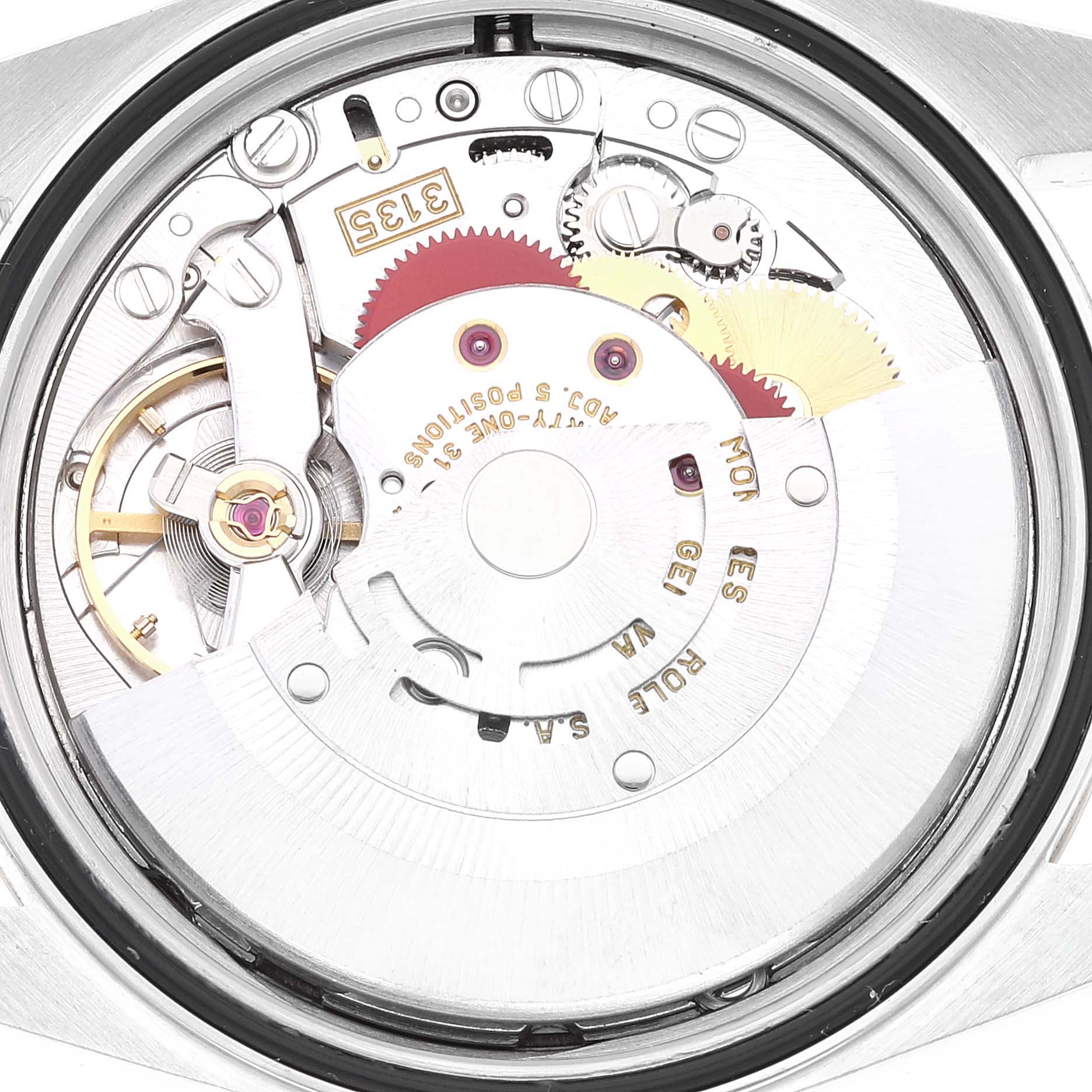 The image shows the internal components and movement of a Rolex Datejust 16233 Men's Steel and Gold (two tone) Champagne Dial 16233 Men's Steel and Gold (two tone) Champagne Dial watch from an overhead view.