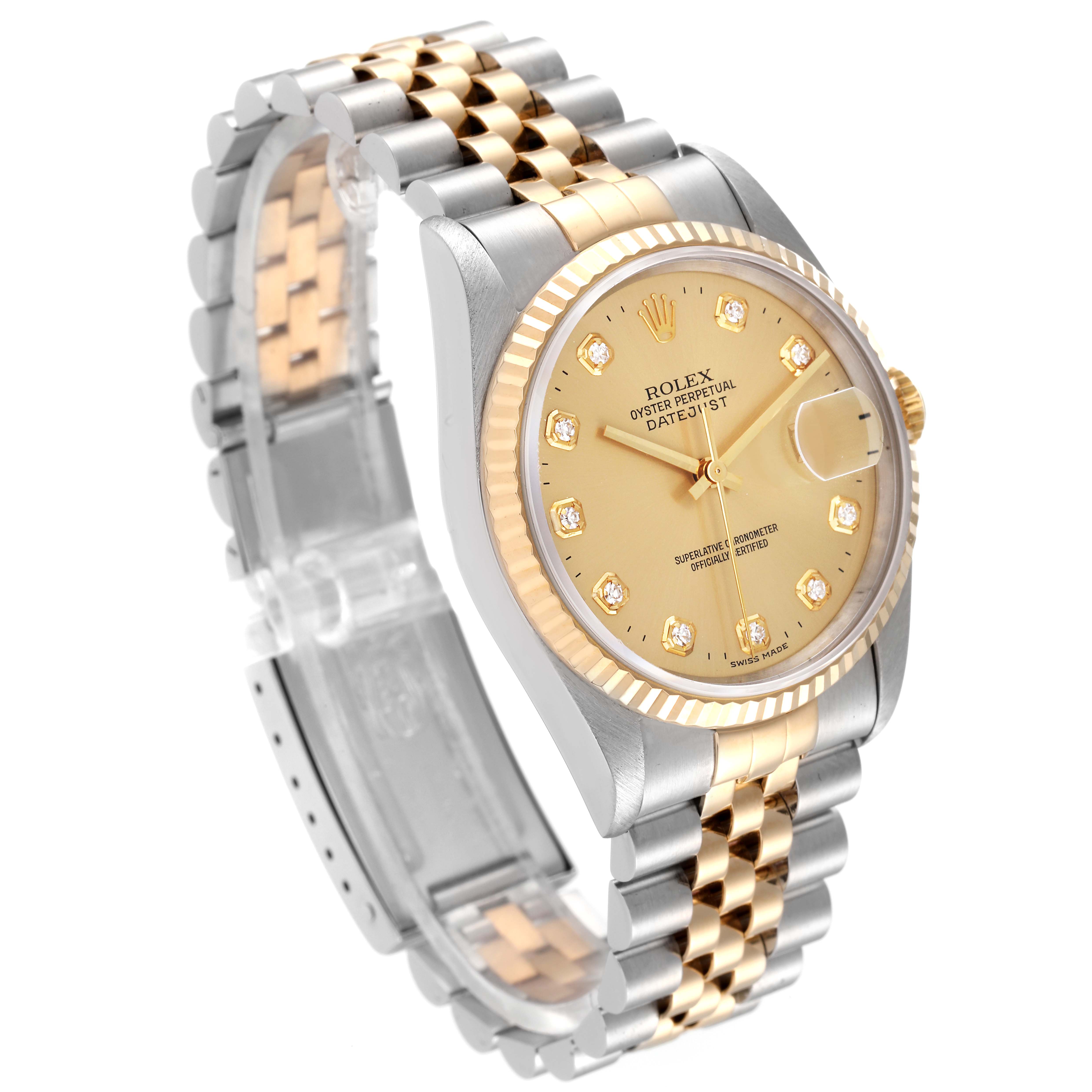 The image shows a Rolex Datejust 16233 Men's Steel and Gold (two tone) Champagne Dial 16233 Men's Steel and Gold (two tone) Champagne Dial watch at a 3/4 angle, highlighting its two-tone bracelet, bezel, and dial.