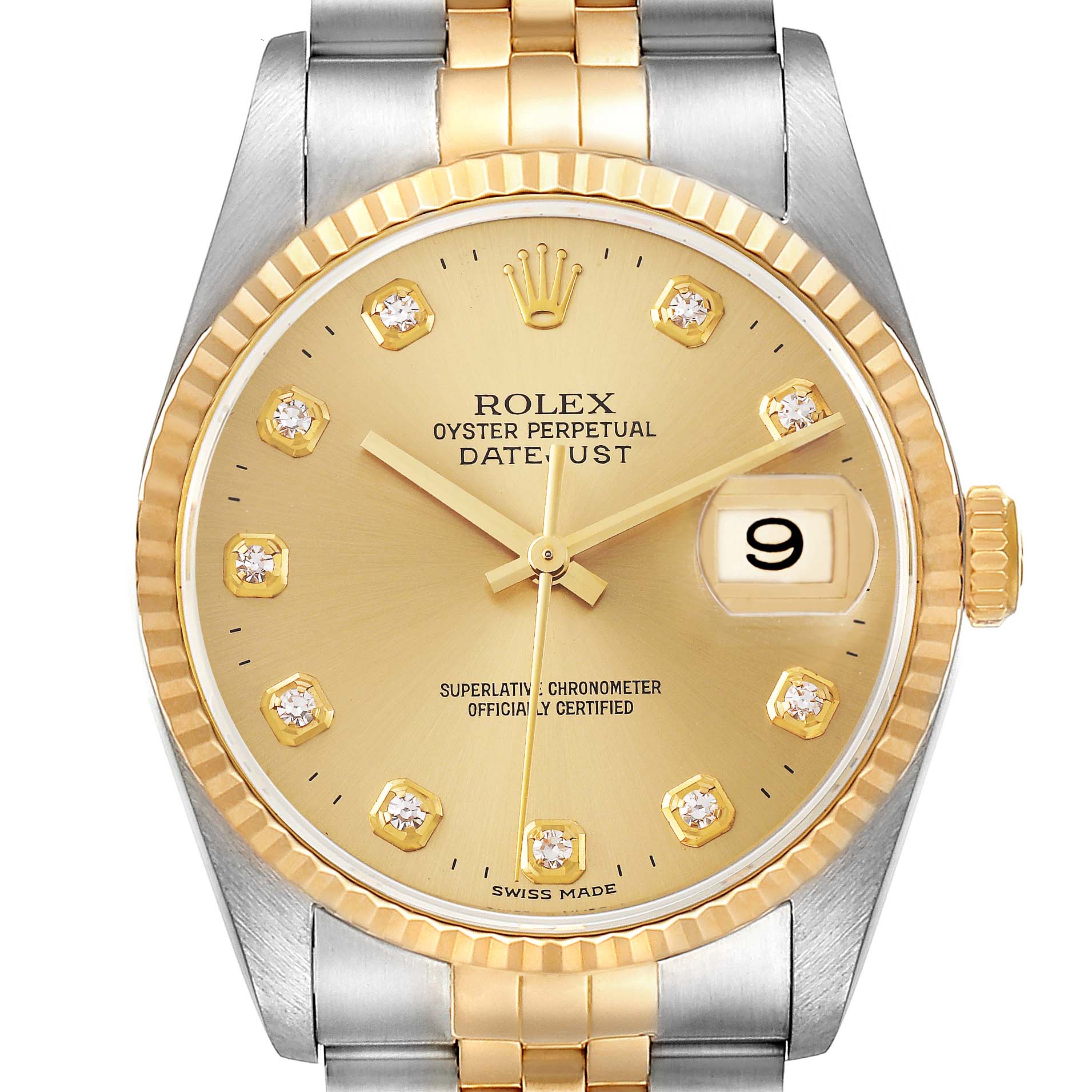The image shows a close-up front view of a Rolex Datejust 16233 Men's Steel and Gold (two tone) Champagne Dial 16233 Men's Steel and Gold (two tone) Champagne Dial watch, highlighting its gold dial, hands, bezel, and two-tone bracelet.