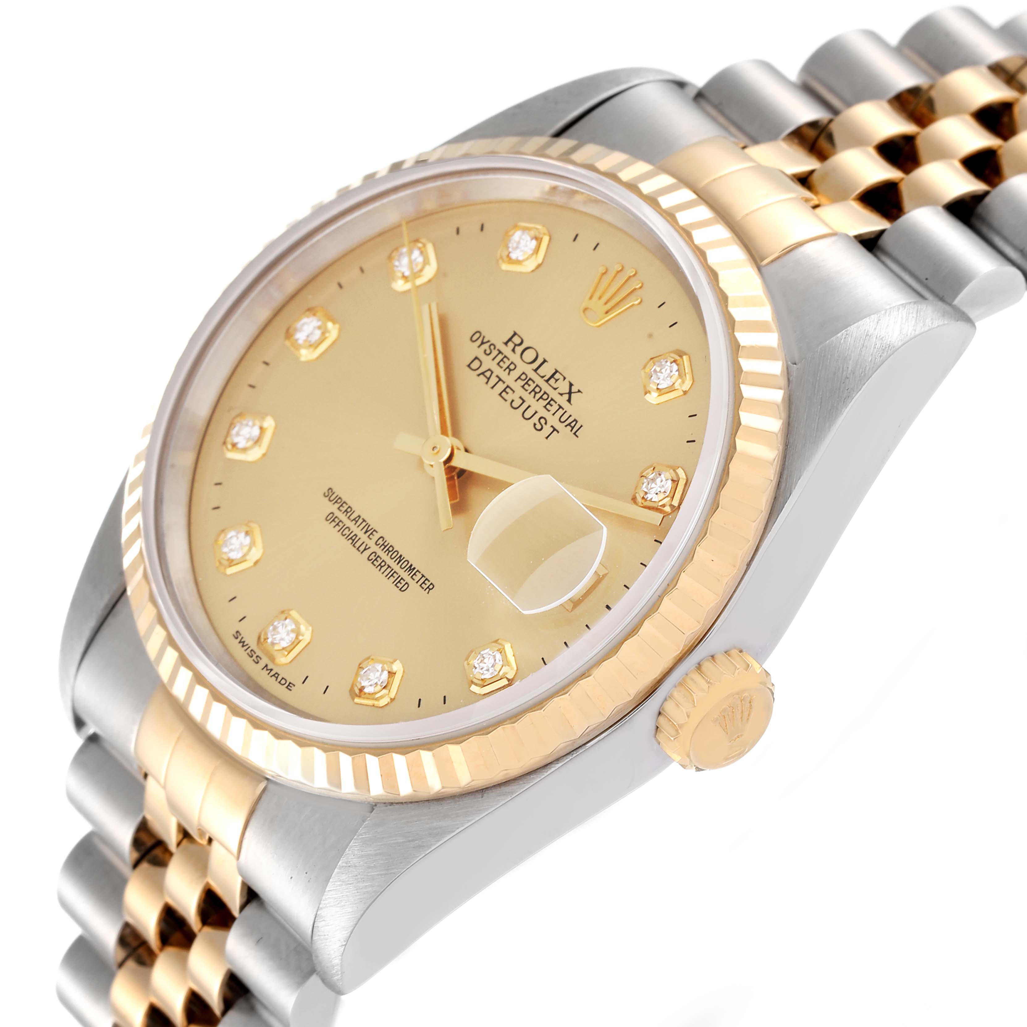 The image shows a close-up angled view of the Rolex Datejust 16233 Men's Steel and Gold (two tone) Champagne Dial 16233 Men's Steel and Gold (two tone) Champagne Dial watch featuring its dial, fluted bezel, and part of the jubilee bracelet.