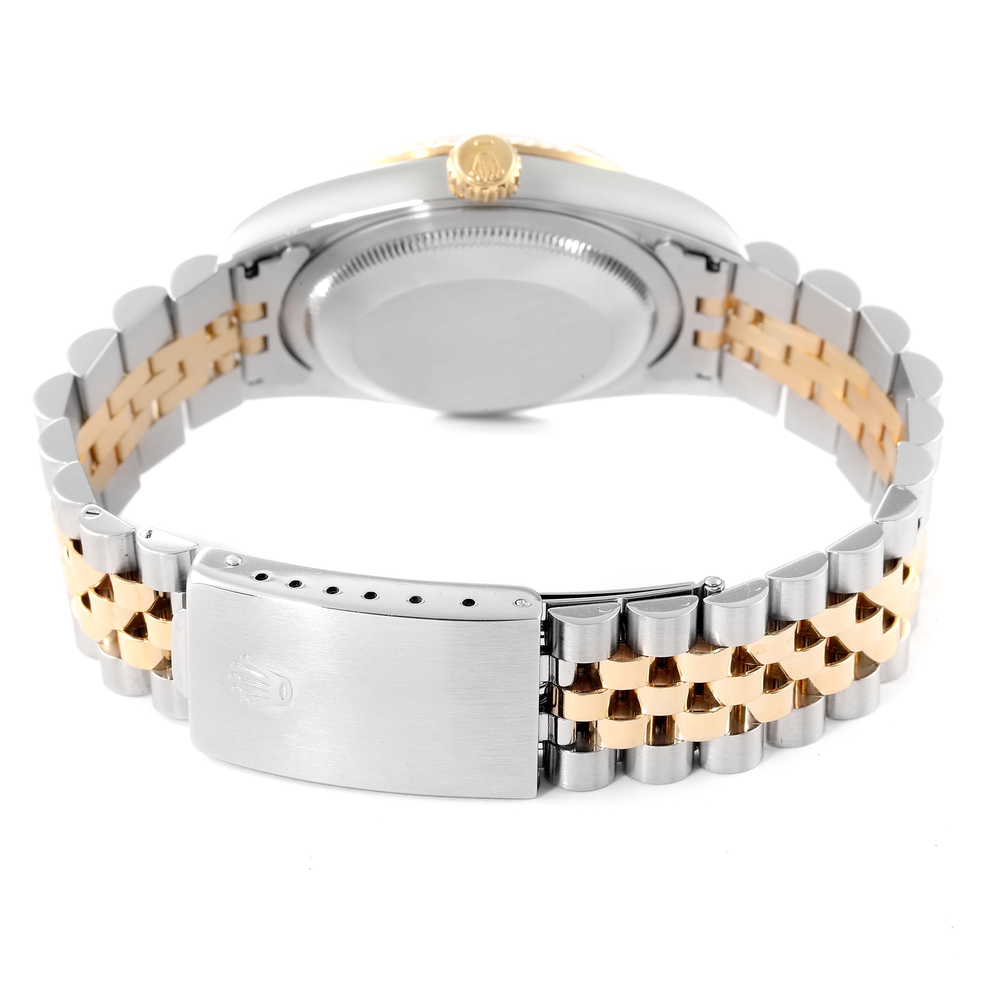 The image shows the back of a Rolex Datejust 16233 Men's Steel and Gold (two tone) Champagne Dial 16233 Men's Steel and Gold (two tone) Champagne Dial watch, specifically highlighting the caseback and the two-tone bracelet clasp.