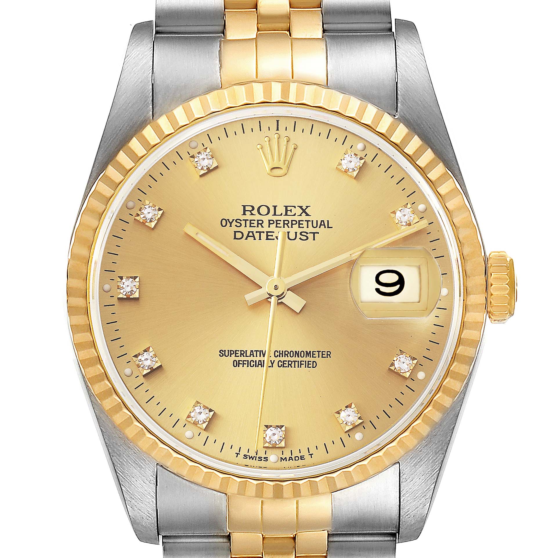 This image shows a close-up of the face and partial bracelet of a Rolex Datejust 16233 Men's Steel and Gold (two tone) Champagne Dial 16233 Men's Steel and Gold (two tone) Champagne Dial watch in a two-tone design.