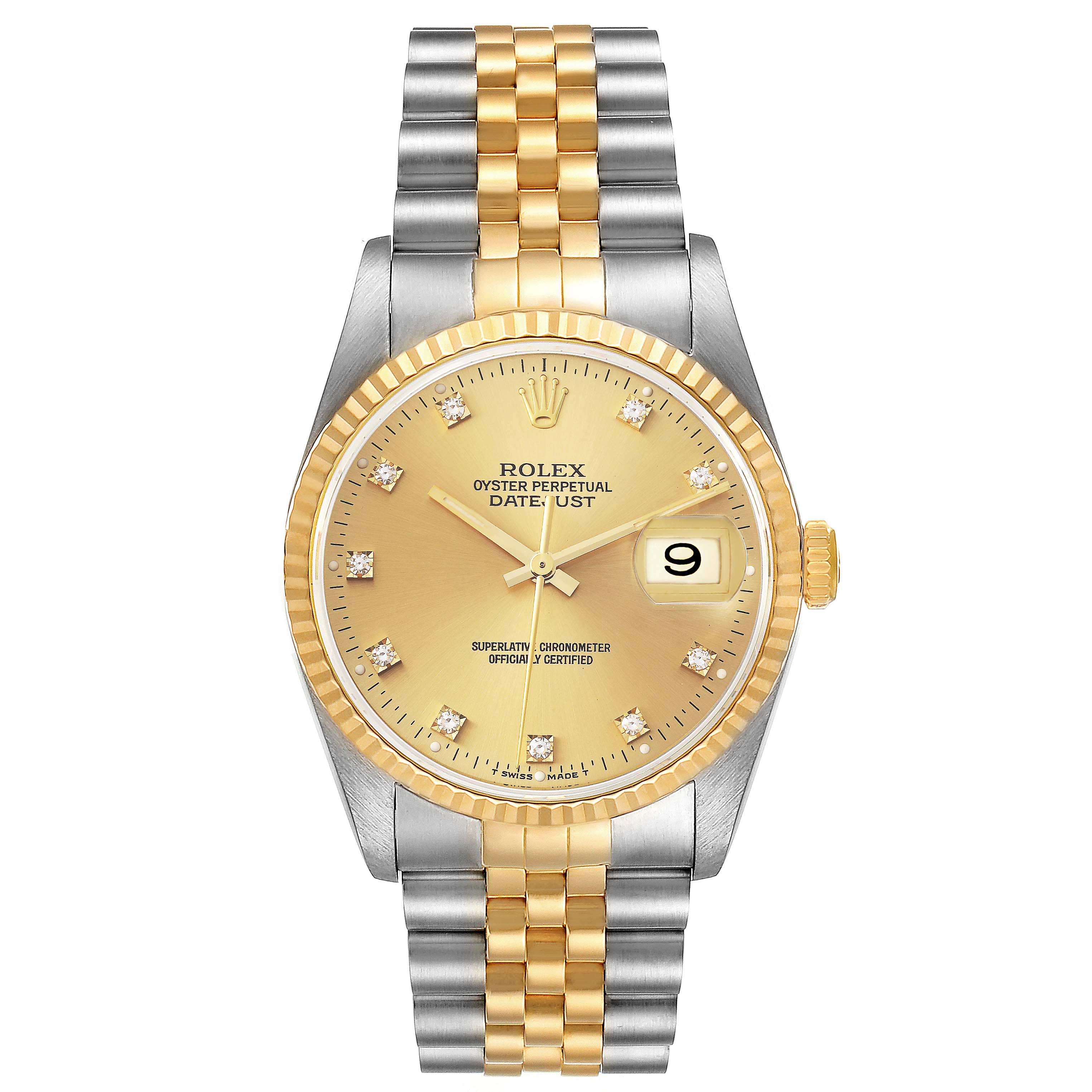 This is a front view of a Rolex Datejust 16233 Men's Steel and Gold (two tone) Champagne Dial 16233 Men's Steel and Gold (two tone) Champagne Dial watch showing the face, bezel, dial, hands, date, and two-tone bracelet.