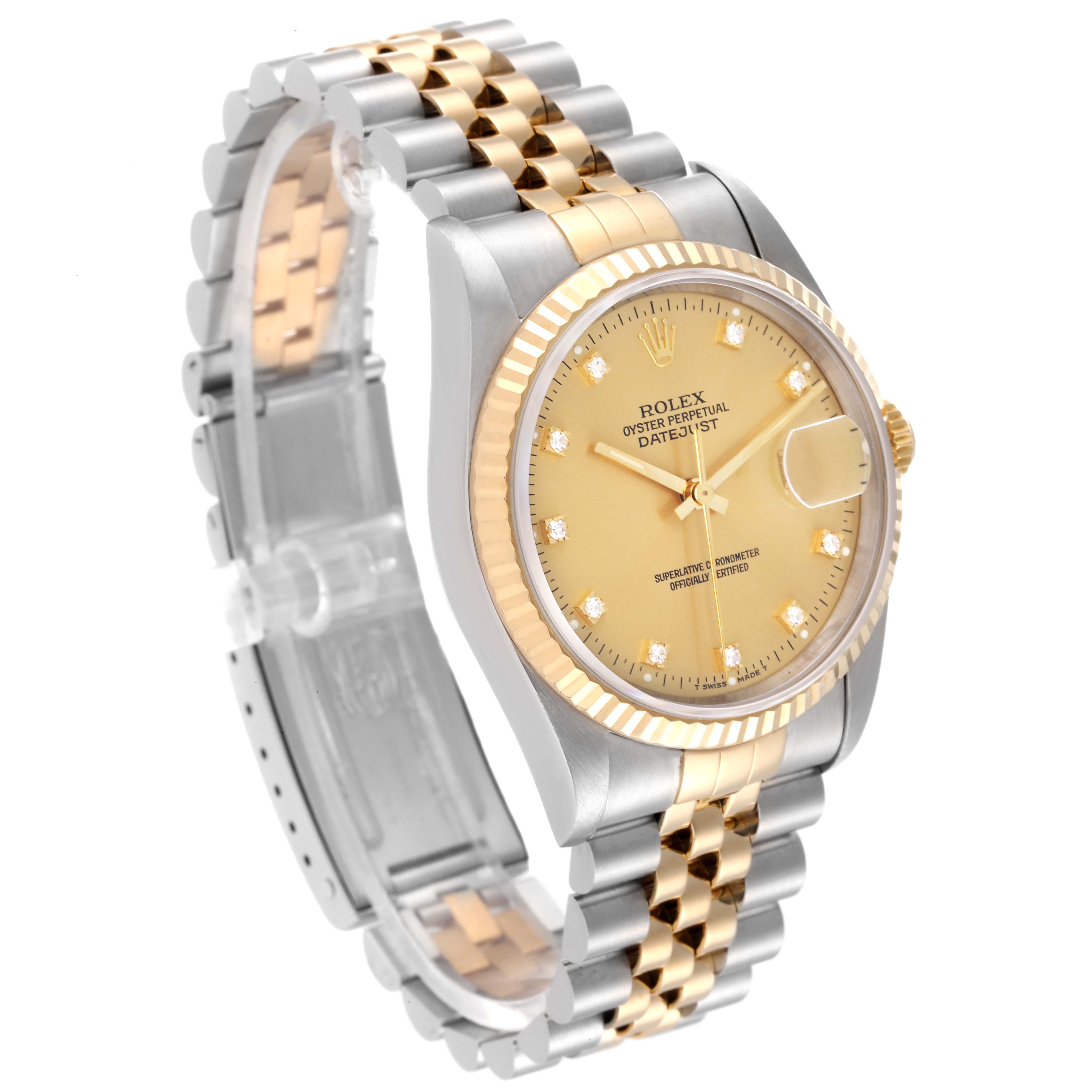 The image shows a side and front view of a Rolex Datejust 16233 Men's Steel and Gold (two tone) Champagne Dial 16233 Men's Steel and Gold (two tone) Champagne Dial watch featuring a gold dial and a two-tone metal bracelet.