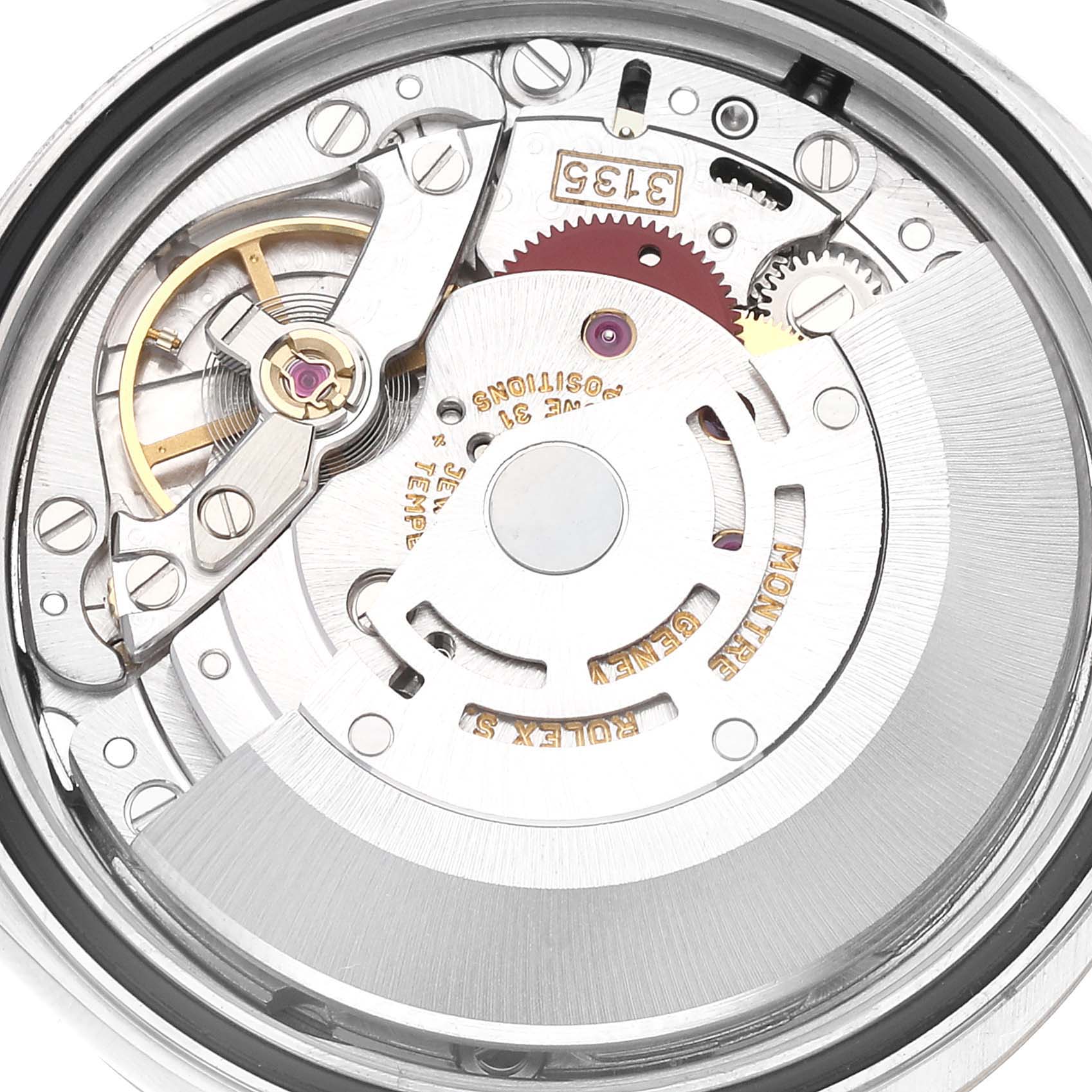 This image shows a close-up of the Rolex Datejust 16233 Men's Steel and Gold (two tone) Champagne Dial 16233 Men's Steel and Gold (two tone) Champagne Dial movement and internal components.