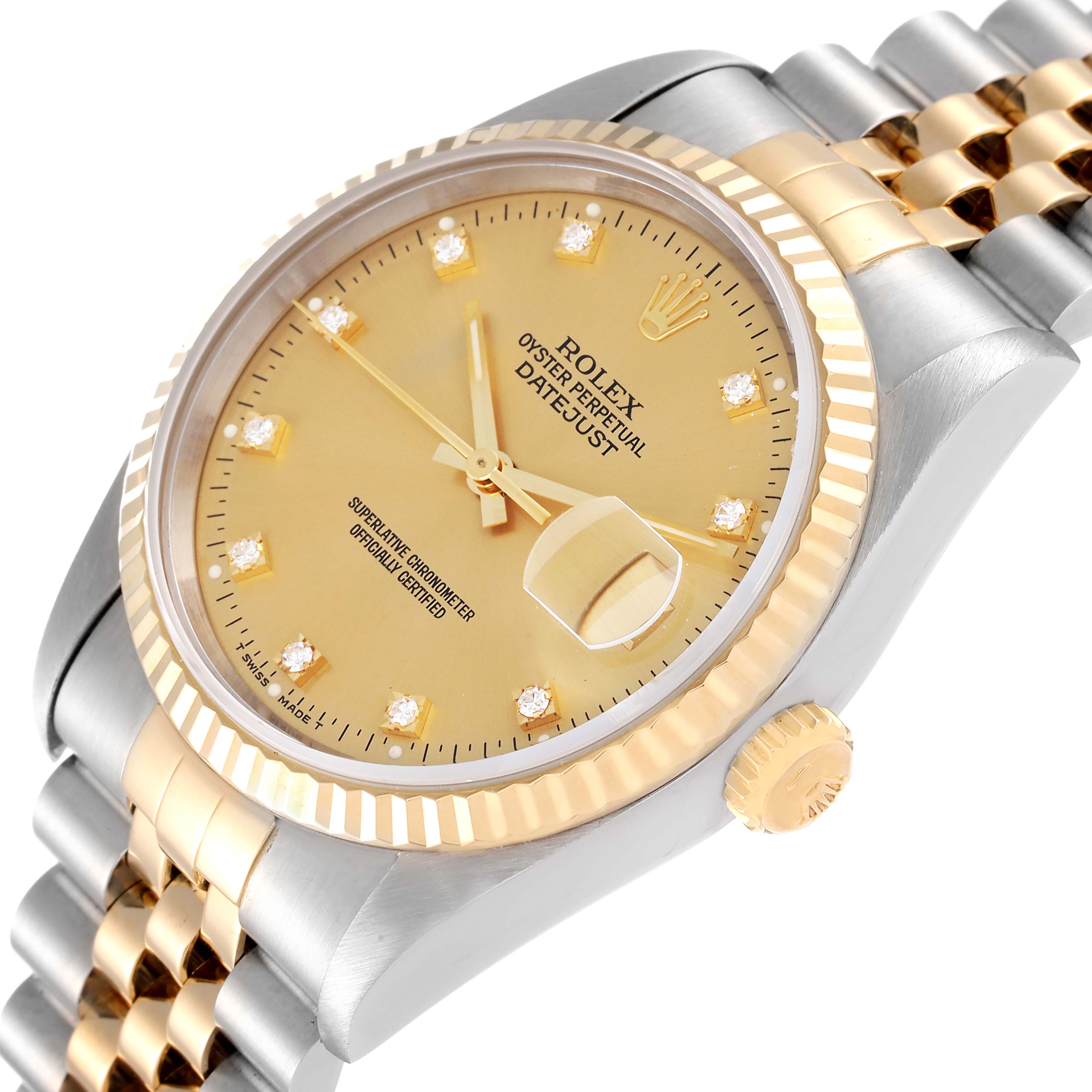 This Rolex Datejust 16233 Men's Steel and Gold (two tone) Champagne Dial 16233 Men's Steel and Gold (two tone) Champagne Dial watch is shown at an oblique angle highlighting the dial, bezel, crown, and part of the bracelet.