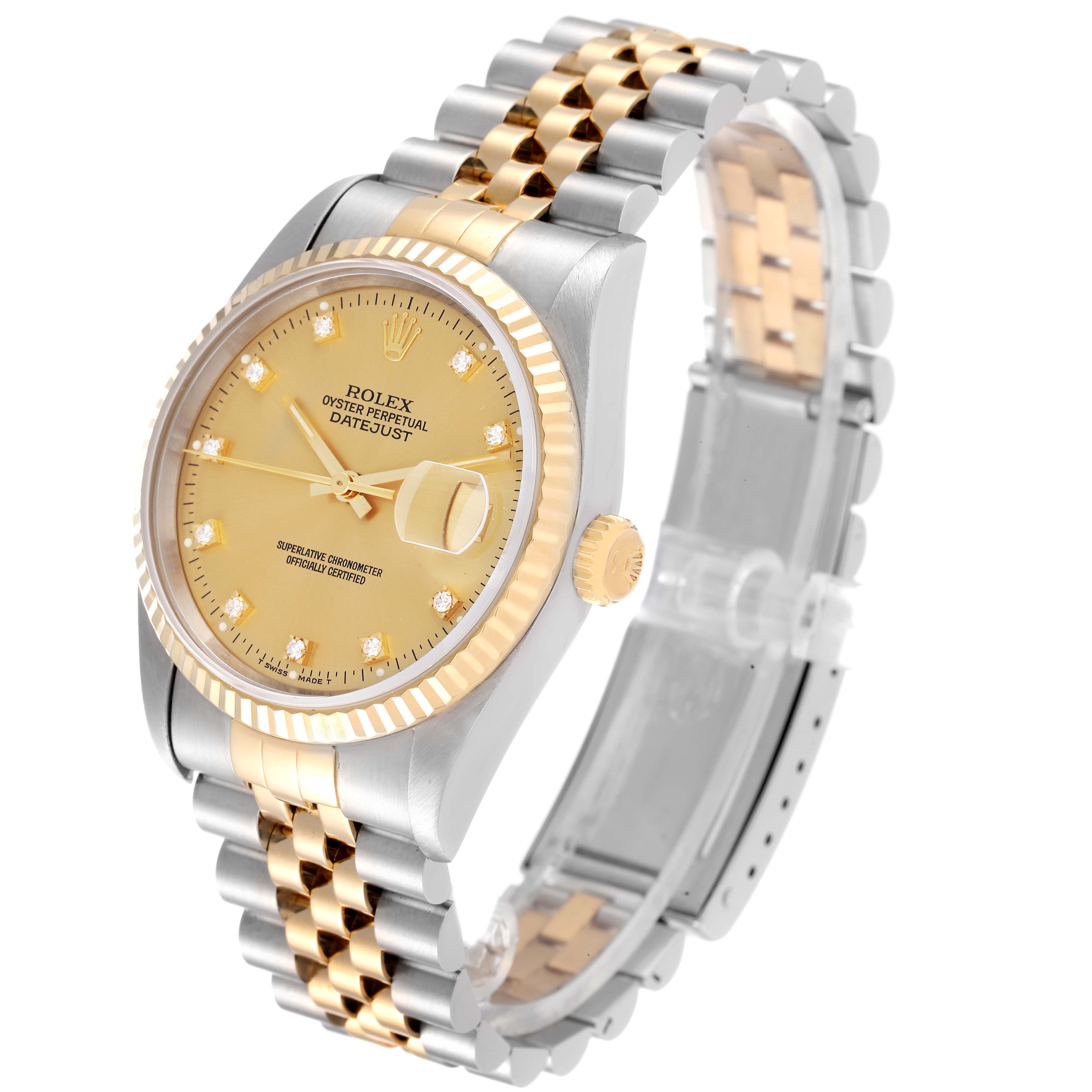 A Rolex Datejust 16233 Men's Steel and Gold (two tone) Champagne Dial 16233 Men's Steel and Gold (two tone) Champagne Dial watch shown at a three-quarter angle displaying the dial, case, crown, and two-tone bracelet.