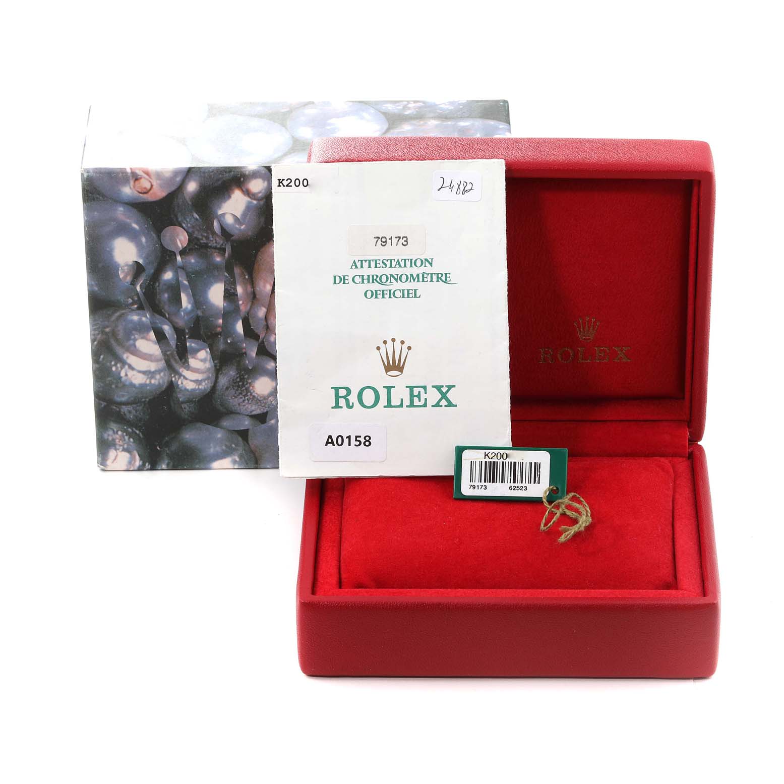 The image shows the packaging, including a box and certificate, for a Rolex Datejust 79173 Women's Steel and Gold (two tone) Champagne Dial 79173 Women's Steel and Gold (two tone) Champagne Dial watch.