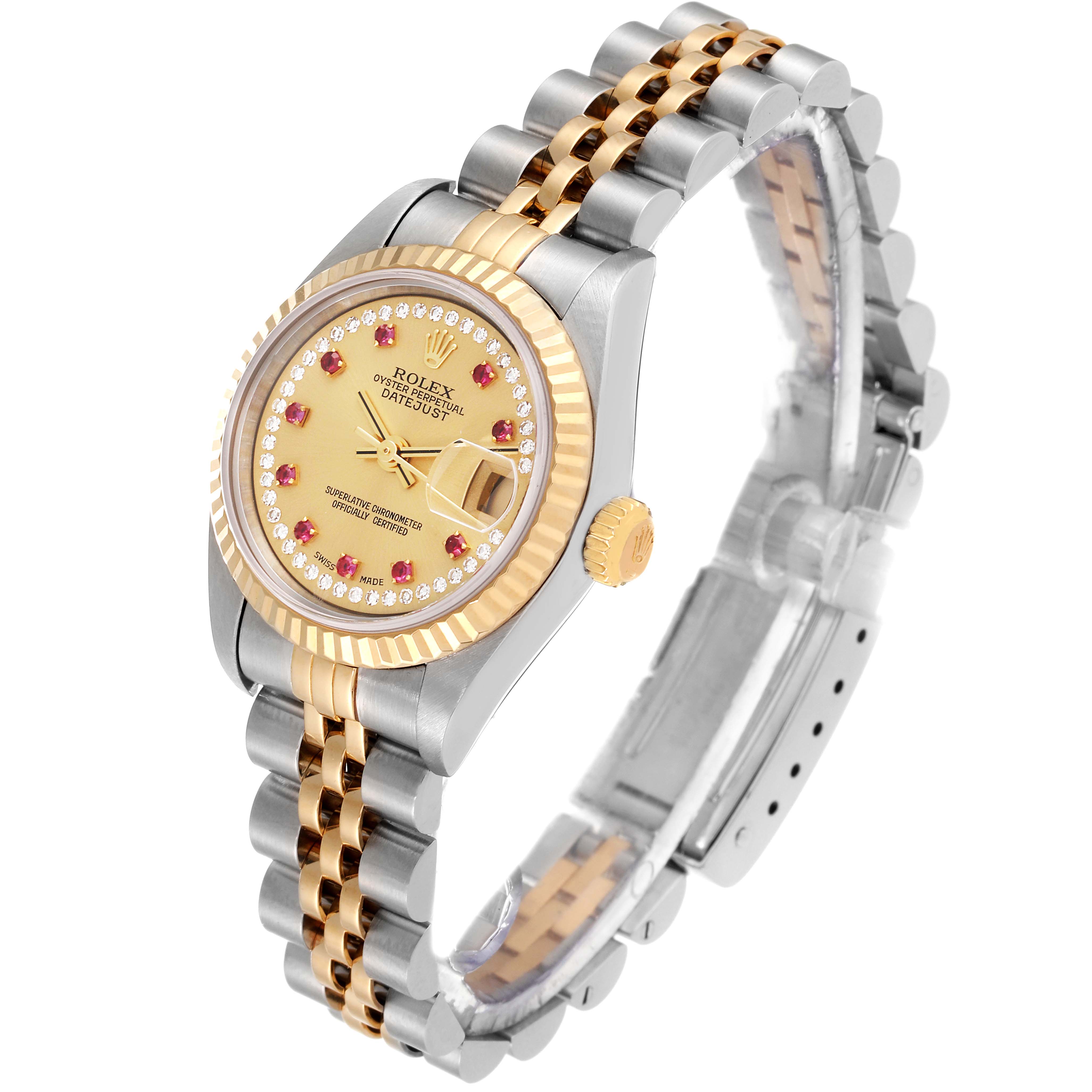 This image shows a Rolex Datejust 79173 Women's Steel and Gold (two tone) Champagne Dial 79173 Women's Steel and Gold (two tone) Champagne Dial watch angled with a clear view of its dial, two-tone fluted bezel, and jubilee bracelet.
