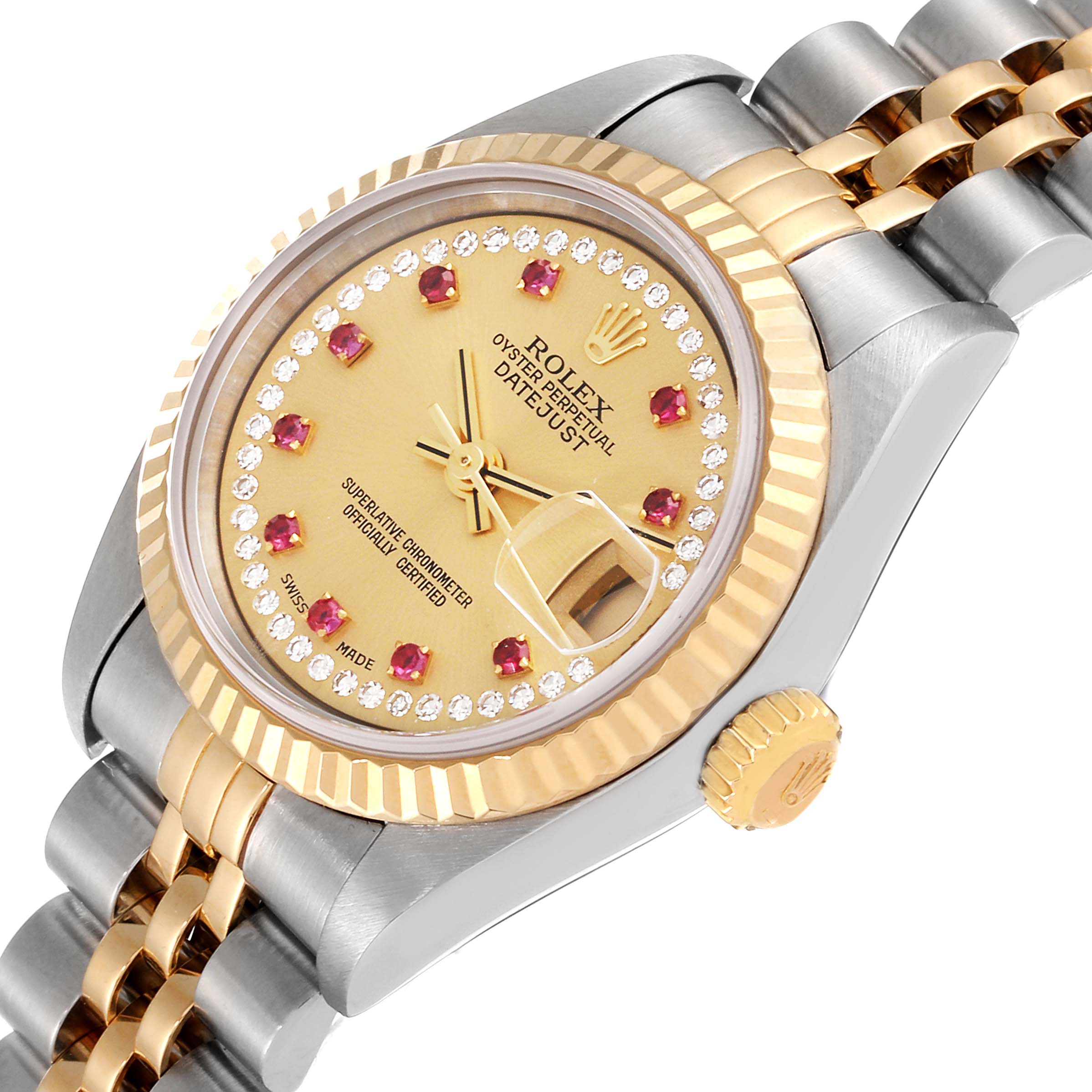 The image shows a close-up angled view of the Rolex Datejust 79173 Women's Steel and Gold (two tone) Champagne Dial 79173 Women's Steel and Gold (two tone) Champagne Dial watch, highlighting its dial, bezel, crown, and two-tone bracelet.