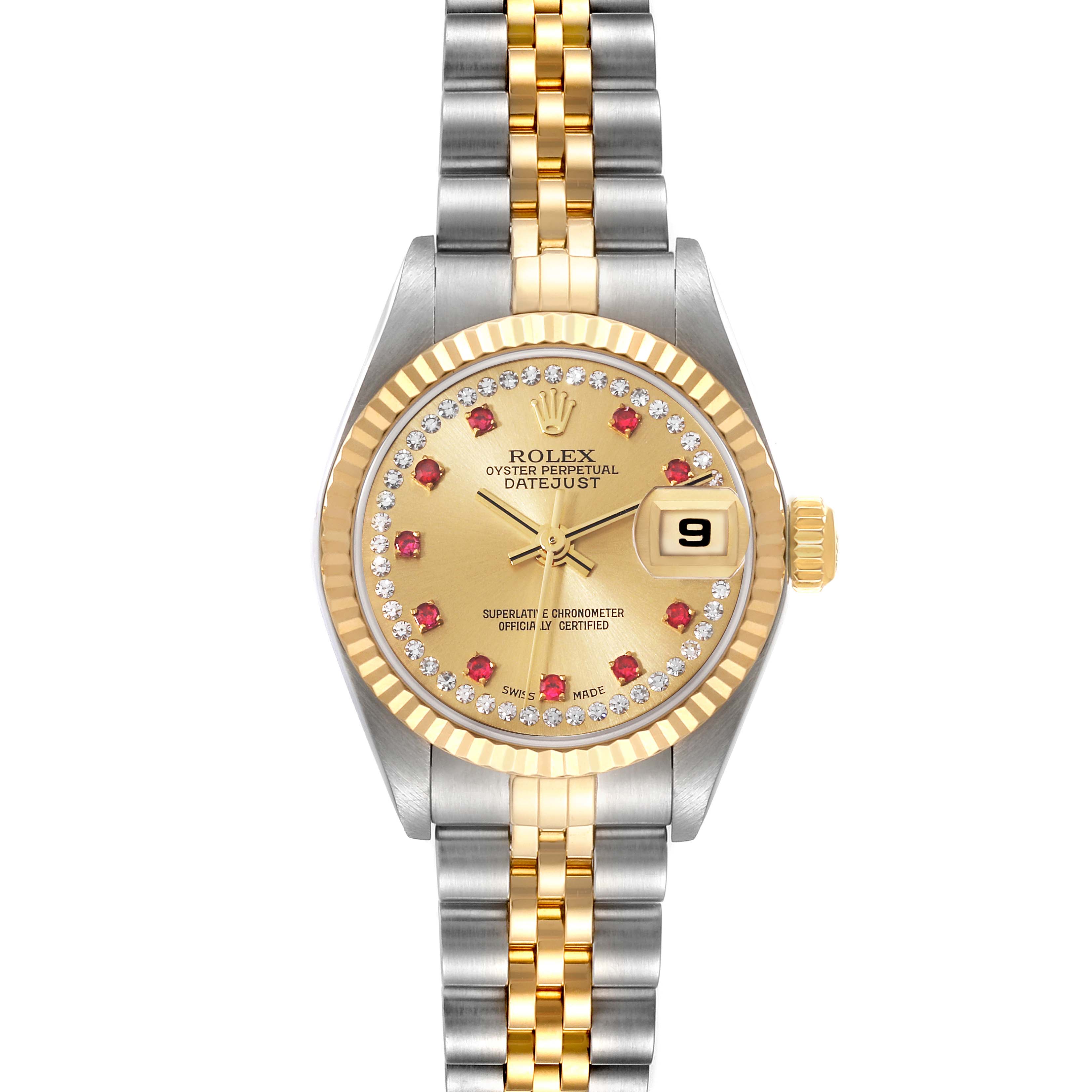 This image shows a front view of the Rolex Datejust 79173 Women's Steel and Gold (two tone) Champagne Dial 79173 Women's Steel and Gold (two tone) Champagne Dial watch, highlighting its dial, bezel, and two-tone bracelet.