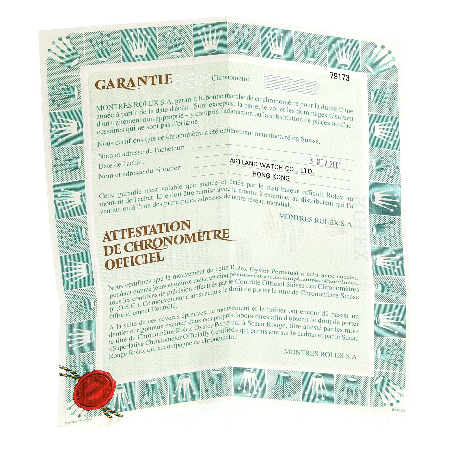 The image shows a Rolex Datejust 79173 Women's Steel and Gold (two tone) Champagne Dial 79173 Women's Steel and Gold (two tone) Champagne Dial warranty certificate and official chronometer certification.