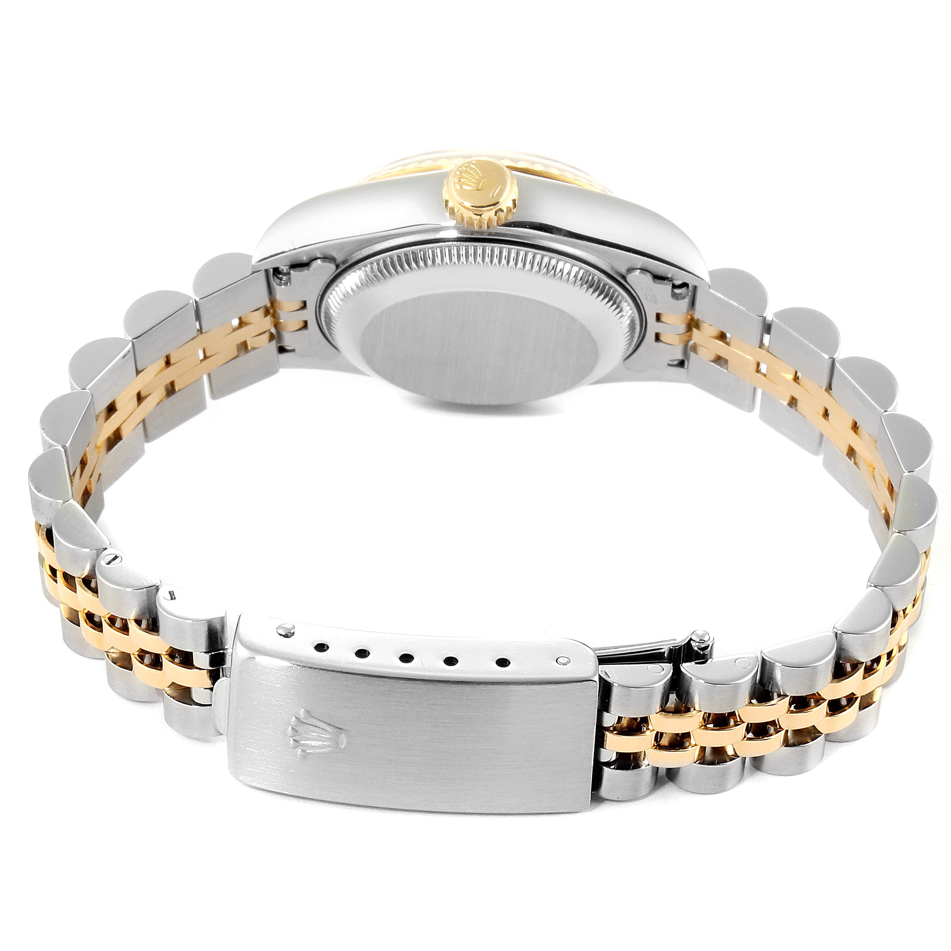 The image shows a Rolex Datejust 69173 Women's Steel and Gold (two tone) White Dial 69173 Women's Steel and Gold (two tone) White Dial watch from a rear angle, highlighting its case back, crown, and two-tone jubilee bracelet.
