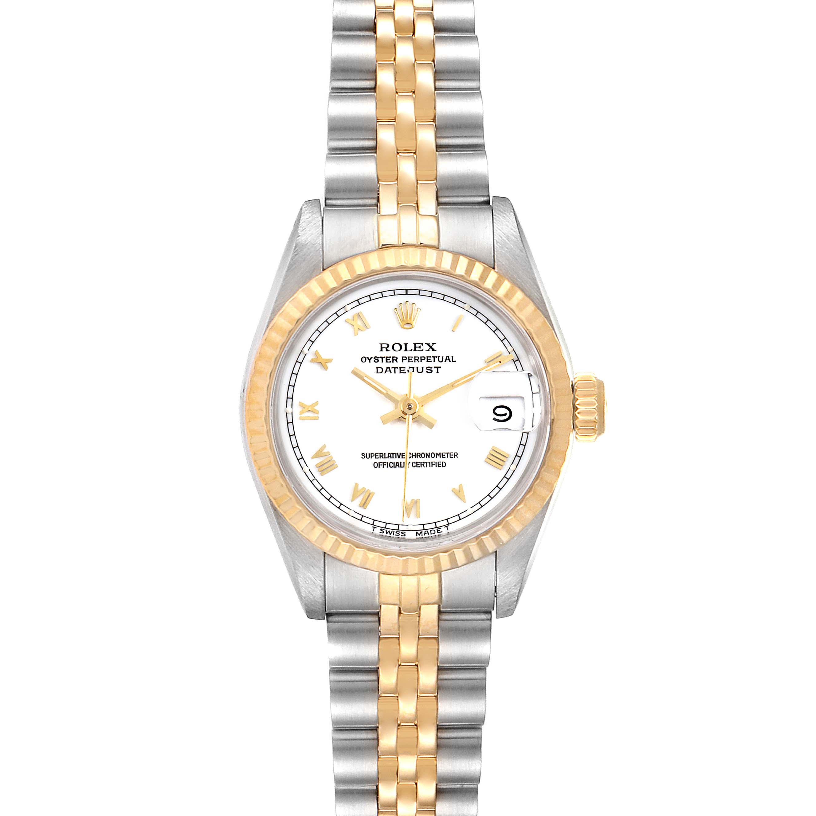 The image shows a frontal view of a Rolex Datejust 69173 Women's Steel and Gold (two tone) White Dial 69173 Women's Steel and Gold (two tone) White Dial watch, highlighting its two-tone bracelet, fluted bezel, and date feature.