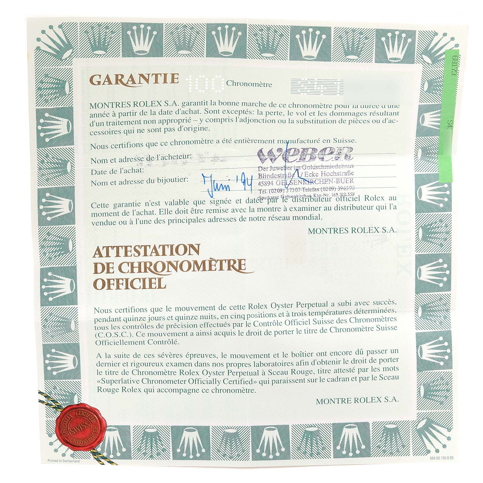 The image shows a Rolex Datejust 69173 Women's Steel and Gold (two tone) White Dial 69173 Women's Steel and Gold (two tone) White Dial warranty certificate, capturing a top-down view of the document.