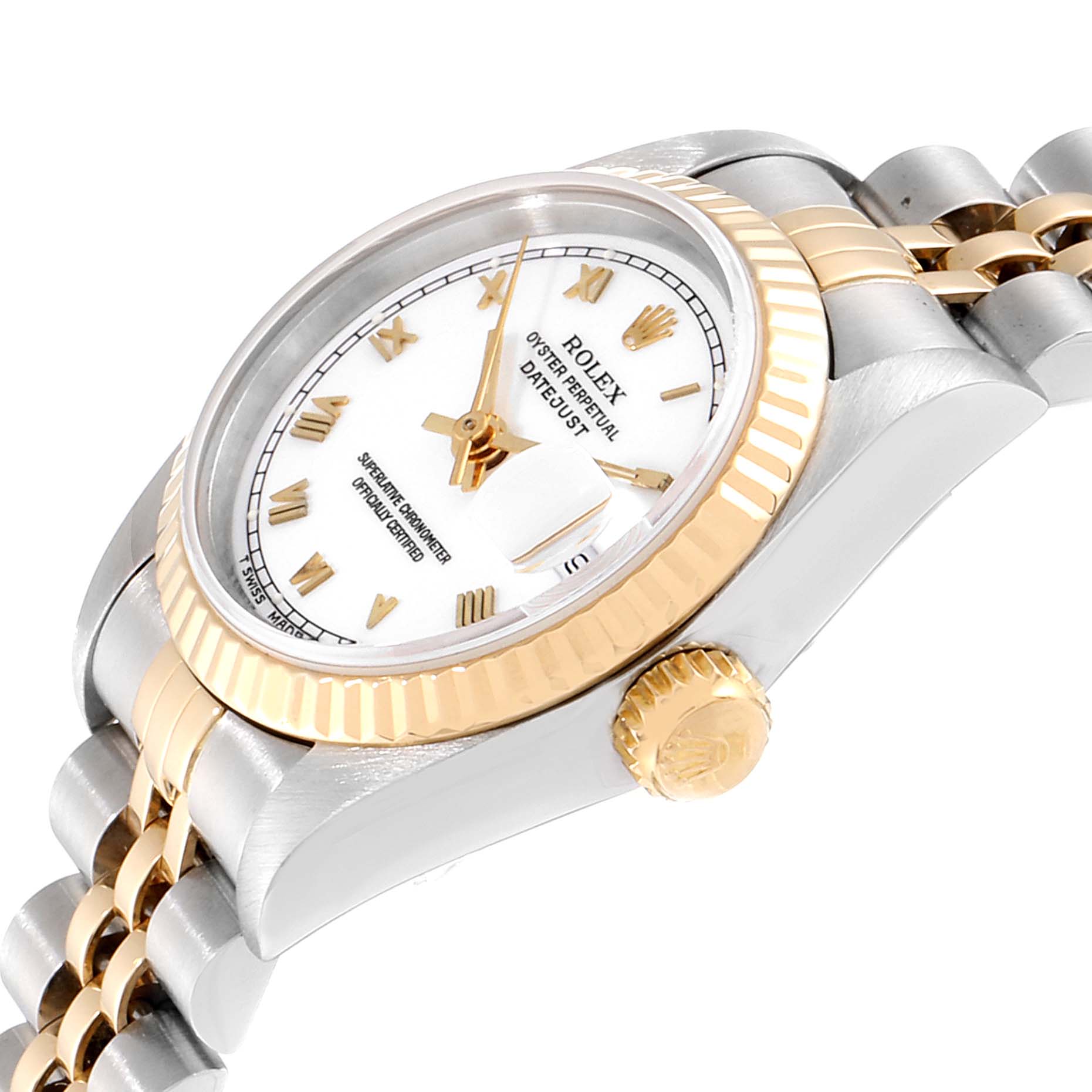This image shows a side angle of a Rolex Datejust 69173 Women's Steel and Gold (two tone) White Dial 69173 Women's Steel and Gold (two tone) White Dial watch, highlighting the fluted bezel, crown, and part of the bracelet.