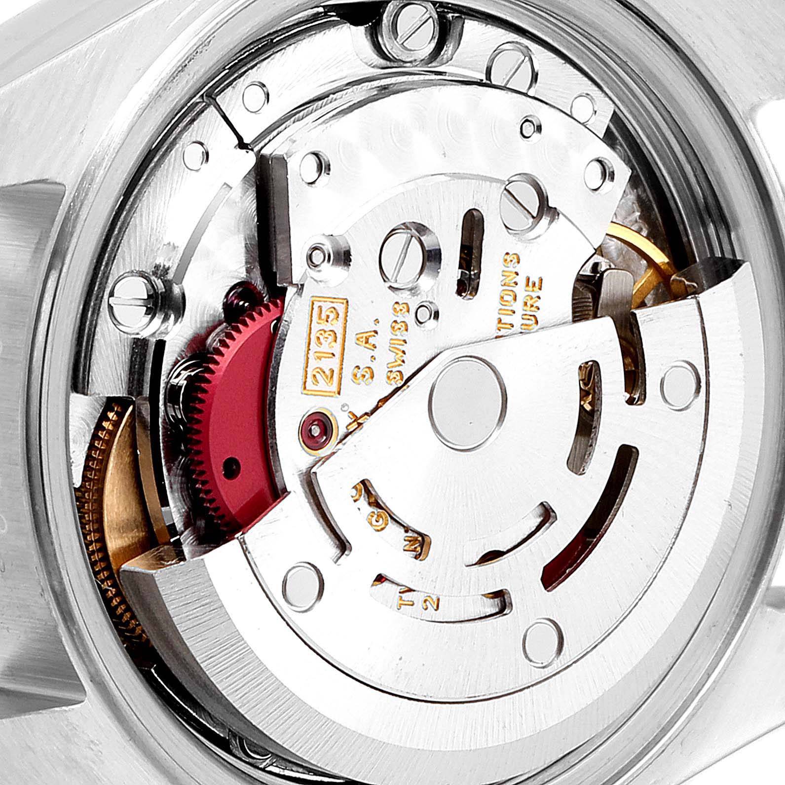 The image shows the internal mechanism and rotor of a Rolex Datejust 69173 Women's Steel and Gold (two tone) White Dial 69173 Women's Steel and Gold (two tone) White Dial watch viewed from the back.
