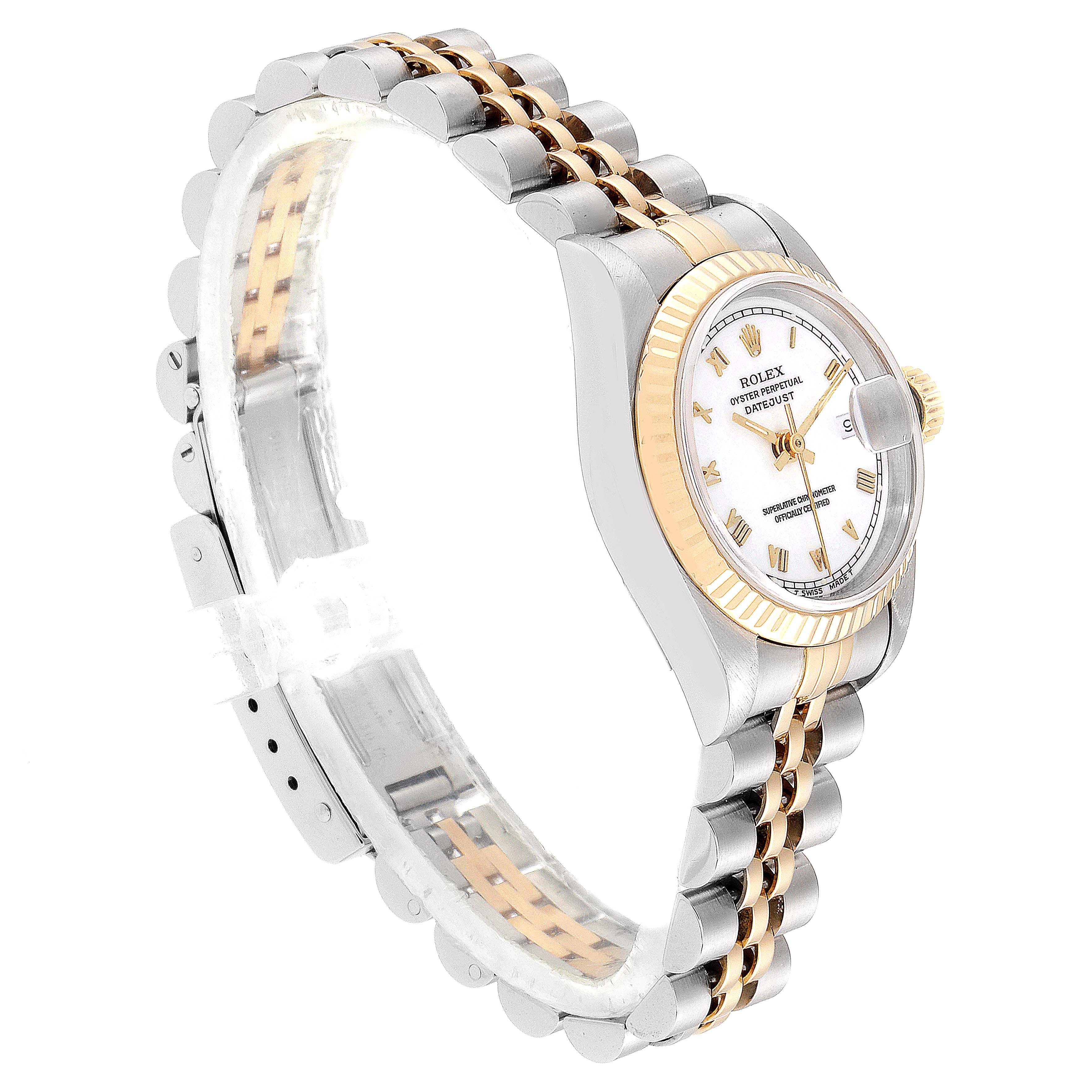 The image shows a side angle of the Rolex Datejust 69173 Women's Steel and Gold (two tone) White Dial 69173 Women's Steel and Gold (two tone) White Dial watch, highlighting its face, bezel, and two-tone bracelet.