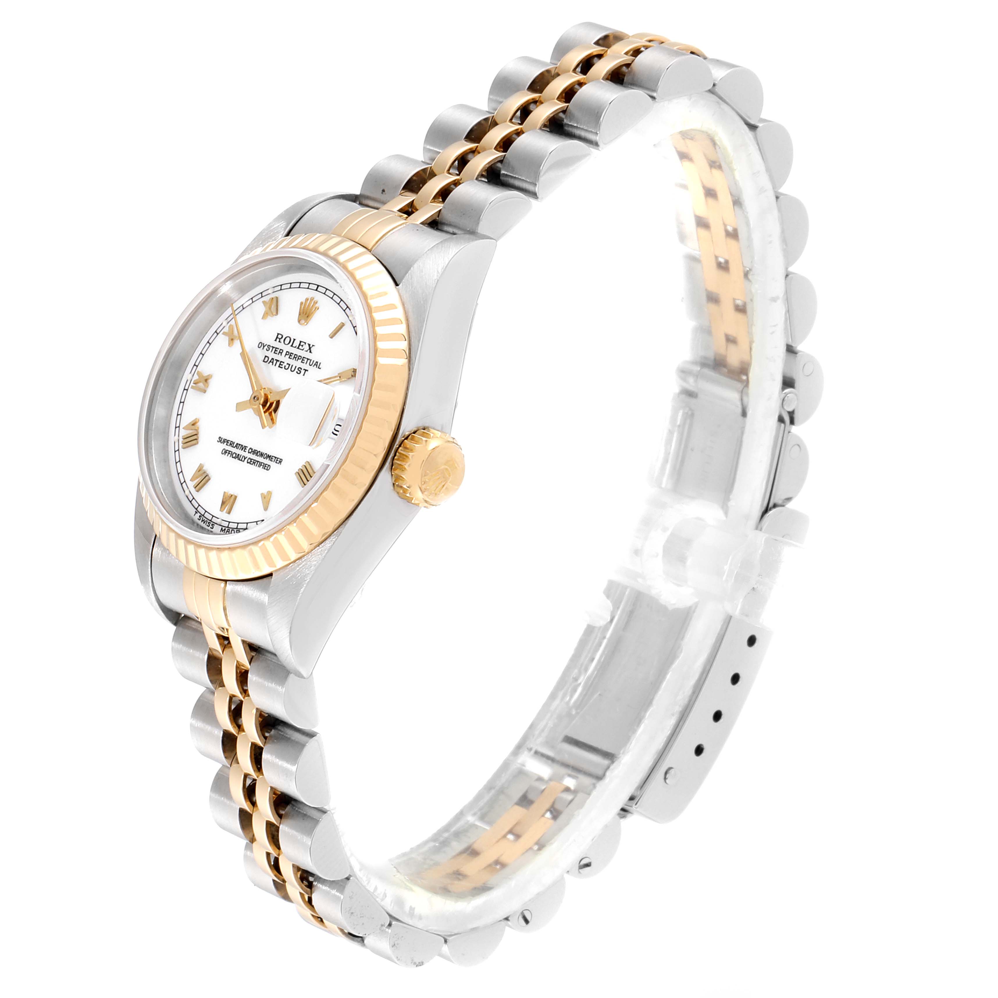 The image shows a side angle of the Rolex Datejust 69173 Women's Steel and Gold (two tone) White Dial 69173 Women's Steel and Gold (two tone) White Dial watch, highlighting the watch face, bezel, crown, and bracelet.