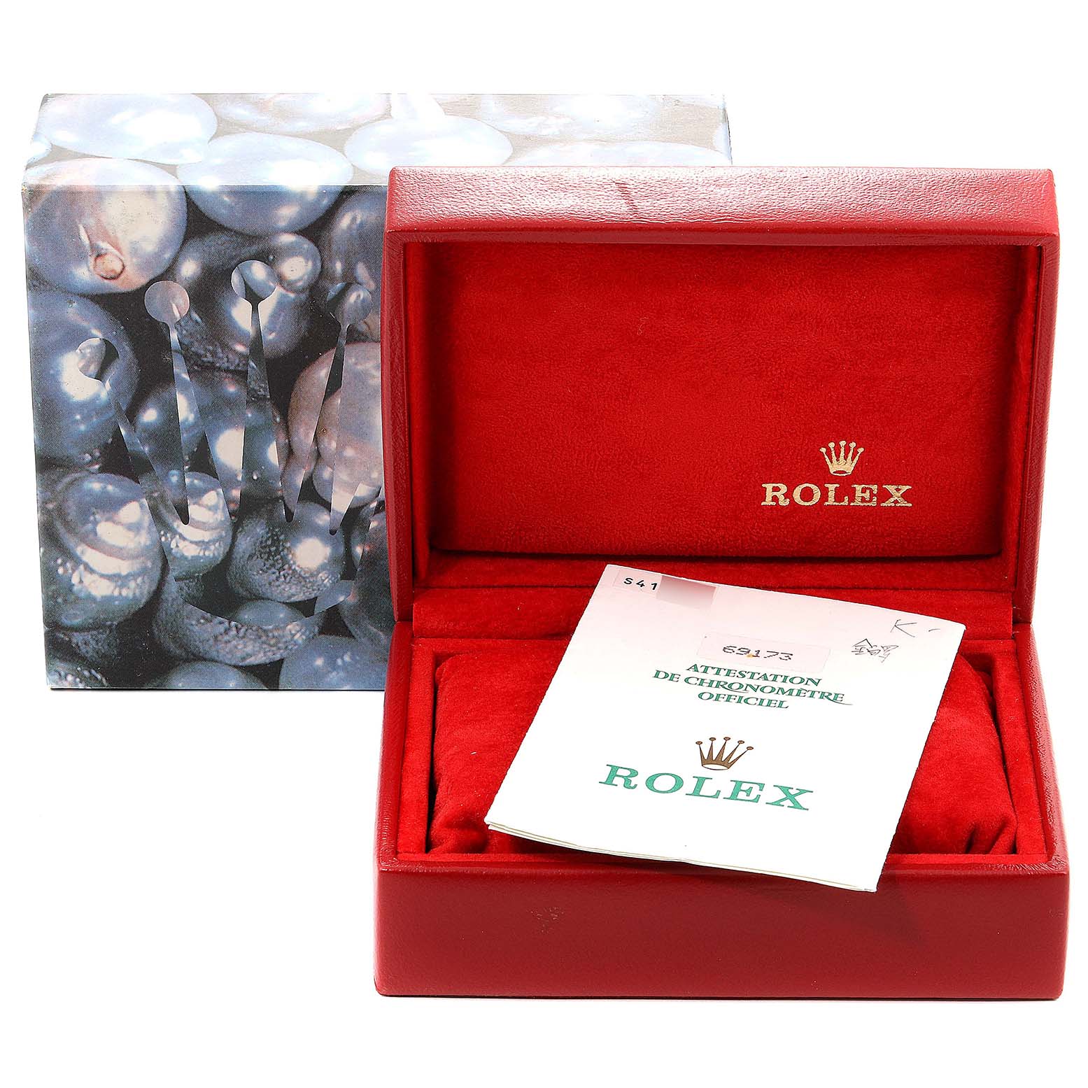 This image shows the box and certification papers for a Rolex Datejust 69173 Women's Steel and Gold (two tone) White Dial 69173 Women's Steel and Gold (two tone) White Dial watch.