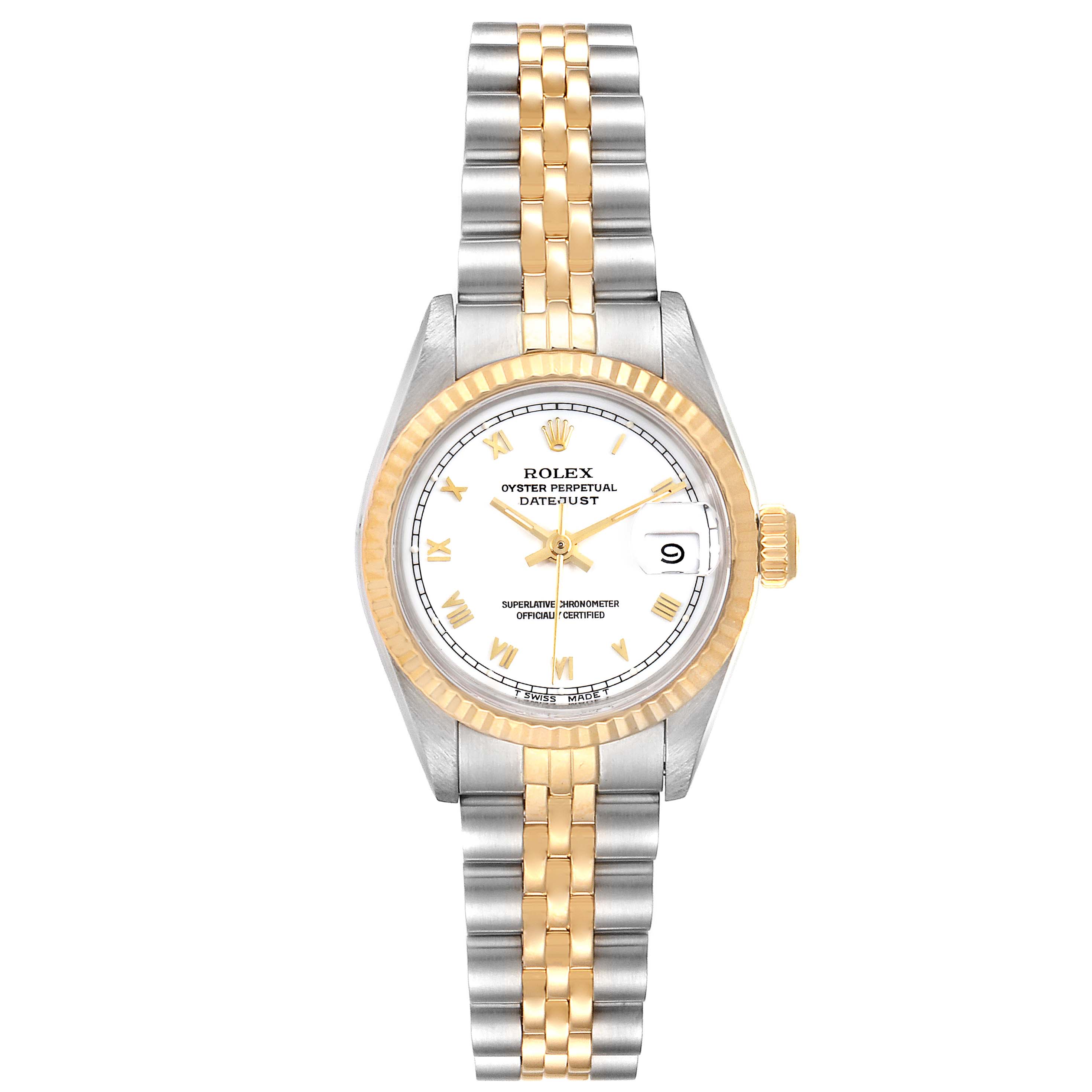 The Rolex Datejust 69173 Women's Steel and Gold (two tone) White Dial 69173 Women's Steel and Gold (two tone) White Dial watch is shown from the front, featuring a two-tone bracelet, fluted bezel, and white dial with Roman numeral markers.