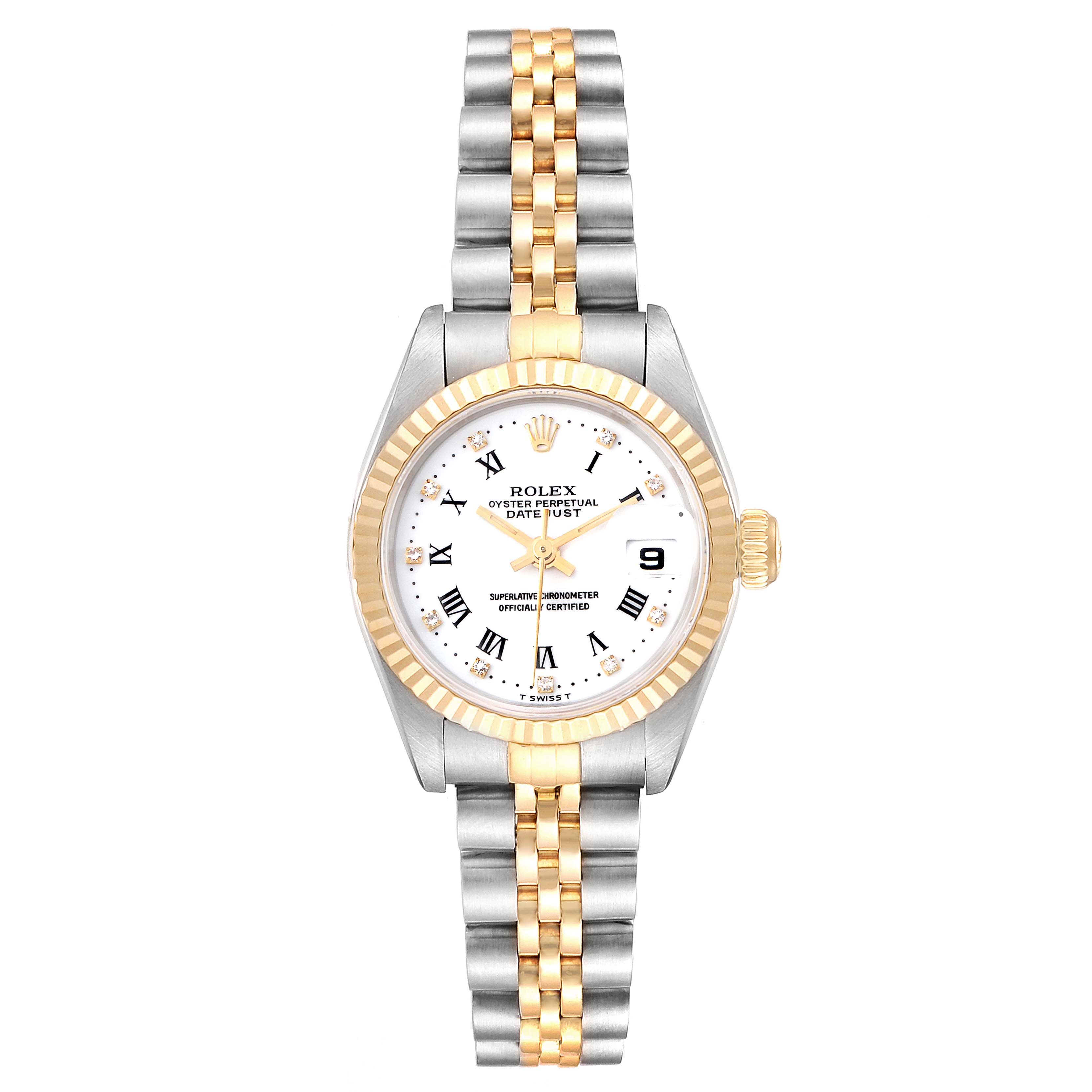 The image shows a Rolex Datejust 69173 Women's Steel and Gold (two tone) White Dial 69173 Women's Steel and Gold (two tone) White Dial watch from a frontal view, highlighting its two-tone bracelet, fluted bezel, and date window.
