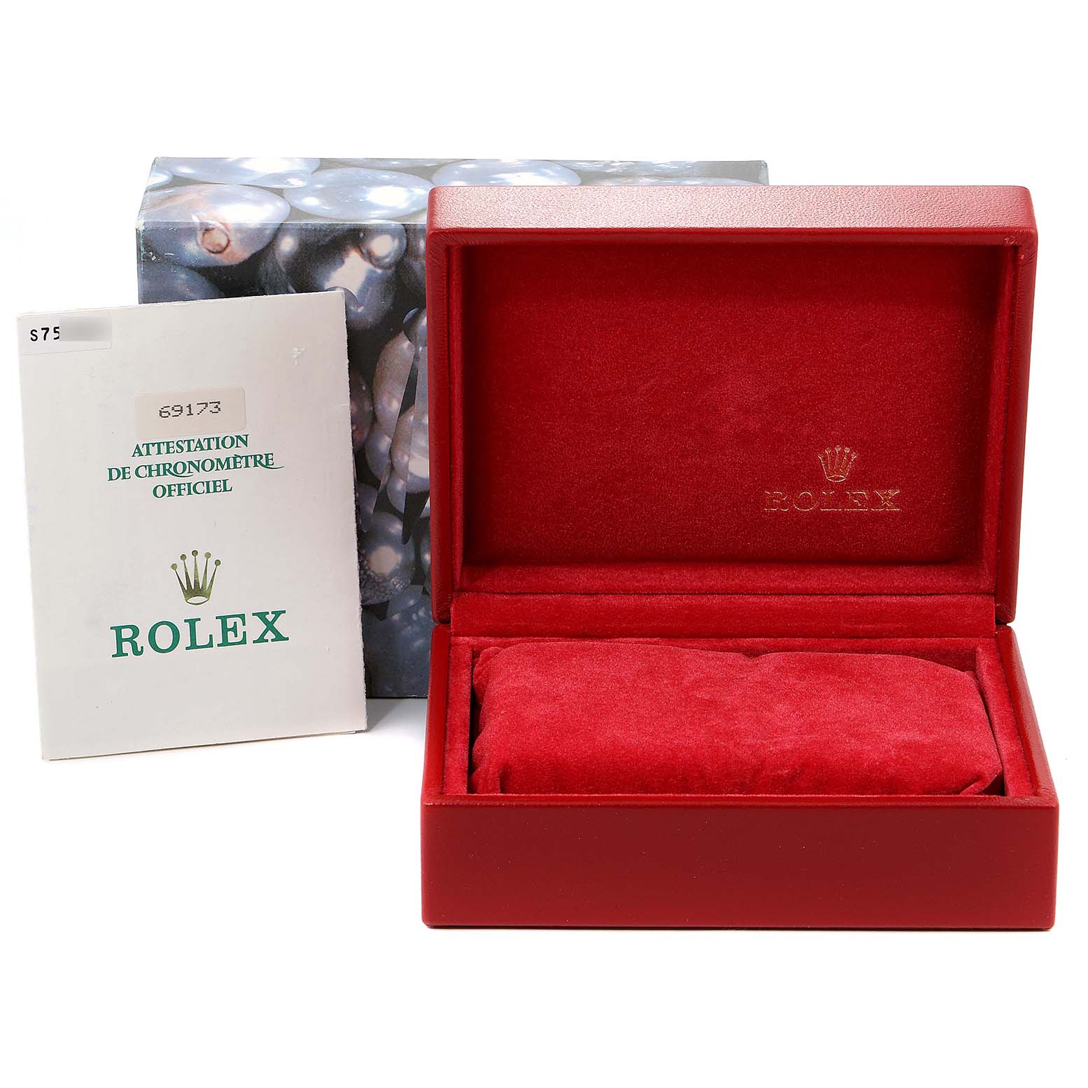 This image shows a Rolex Datejust 69173 Women's Steel and Gold (two tone) White Dial 69173 Women's Steel and Gold (two tone) White Dial watch's open red box and accompanying Official Chronometer Certificate.