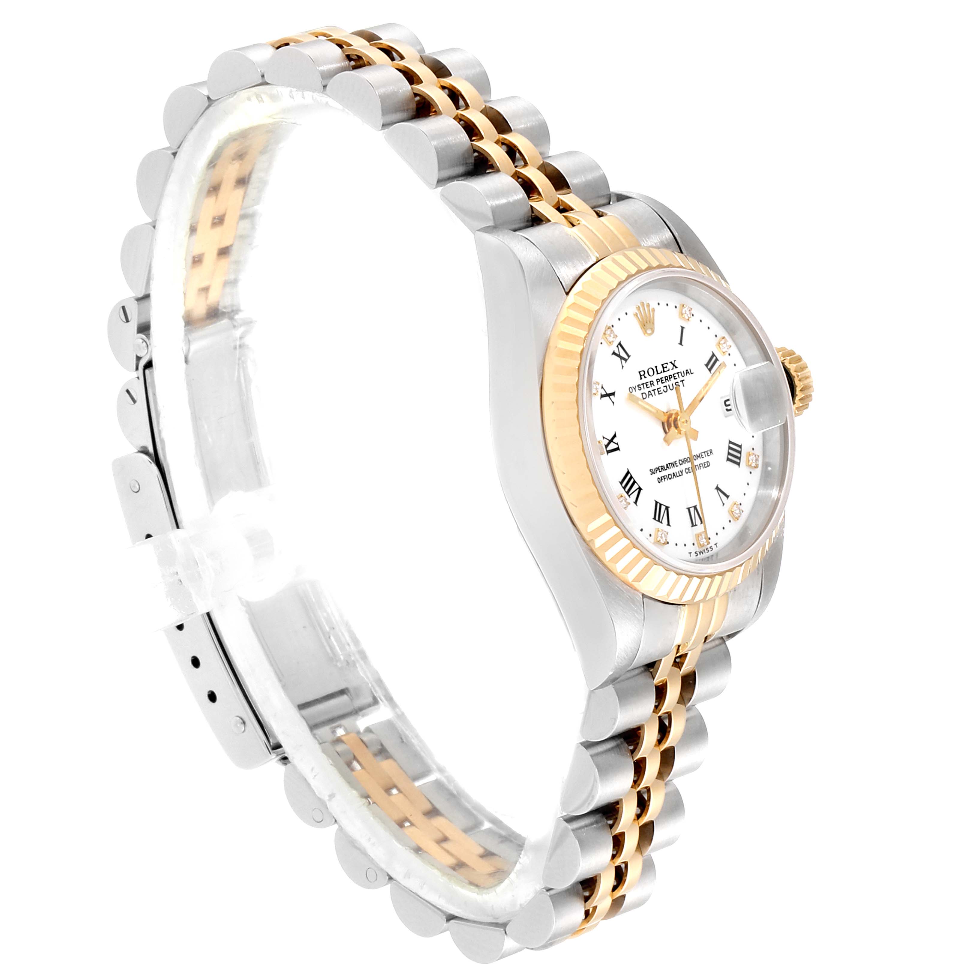This is a Rolex Datejust 69173 Women's Steel and Gold (two tone) White Dial 69173 Women's Steel and Gold (two tone) White Dial watch shown at an angle highlighting the side profile and bracelet.