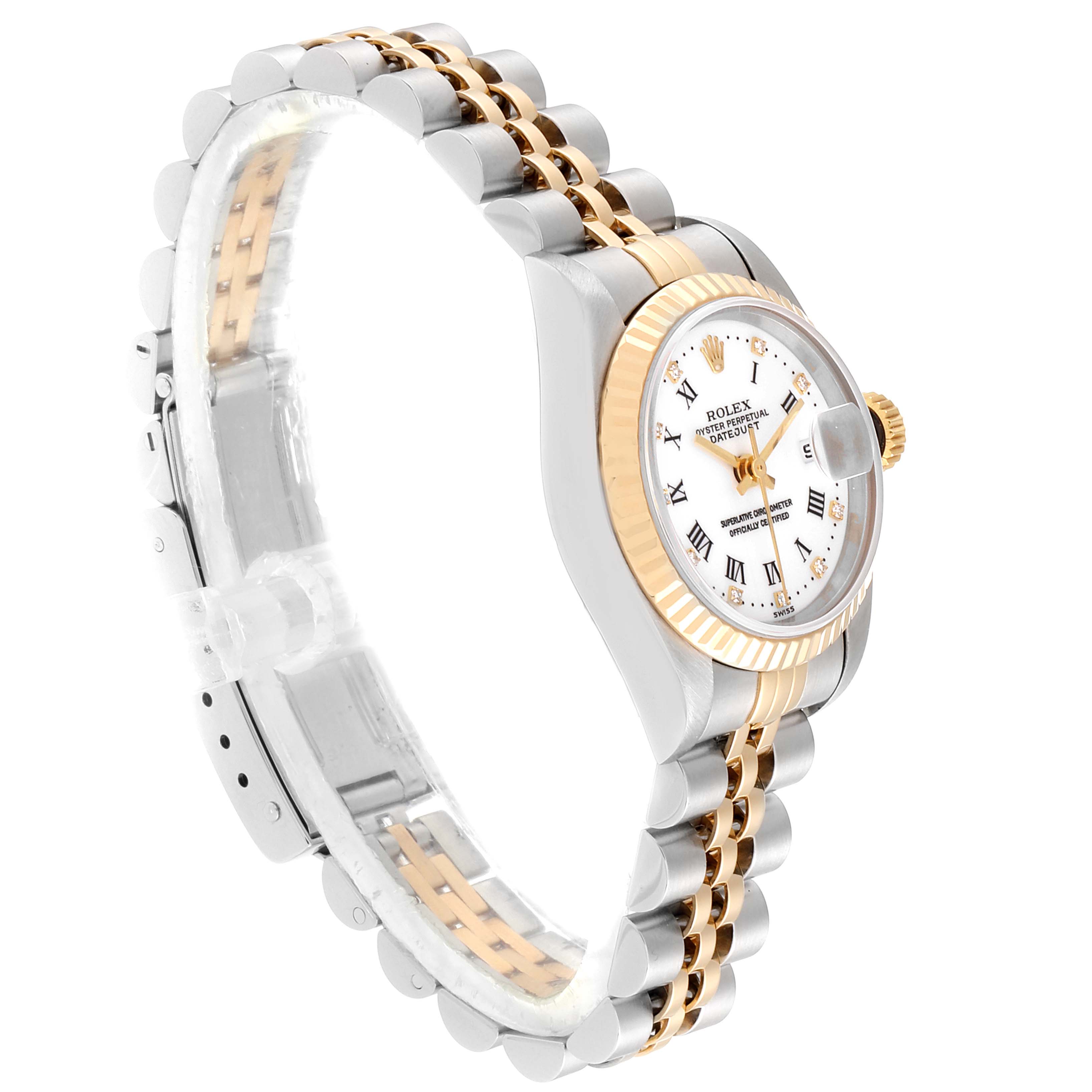 This image shows a side angle of a Rolex Datejust 69173 Women's Steel and Gold (two tone) White Dial 69173 Women's Steel and Gold (two tone) White Dial watch featuring a two-tone band and a fluted bezel.