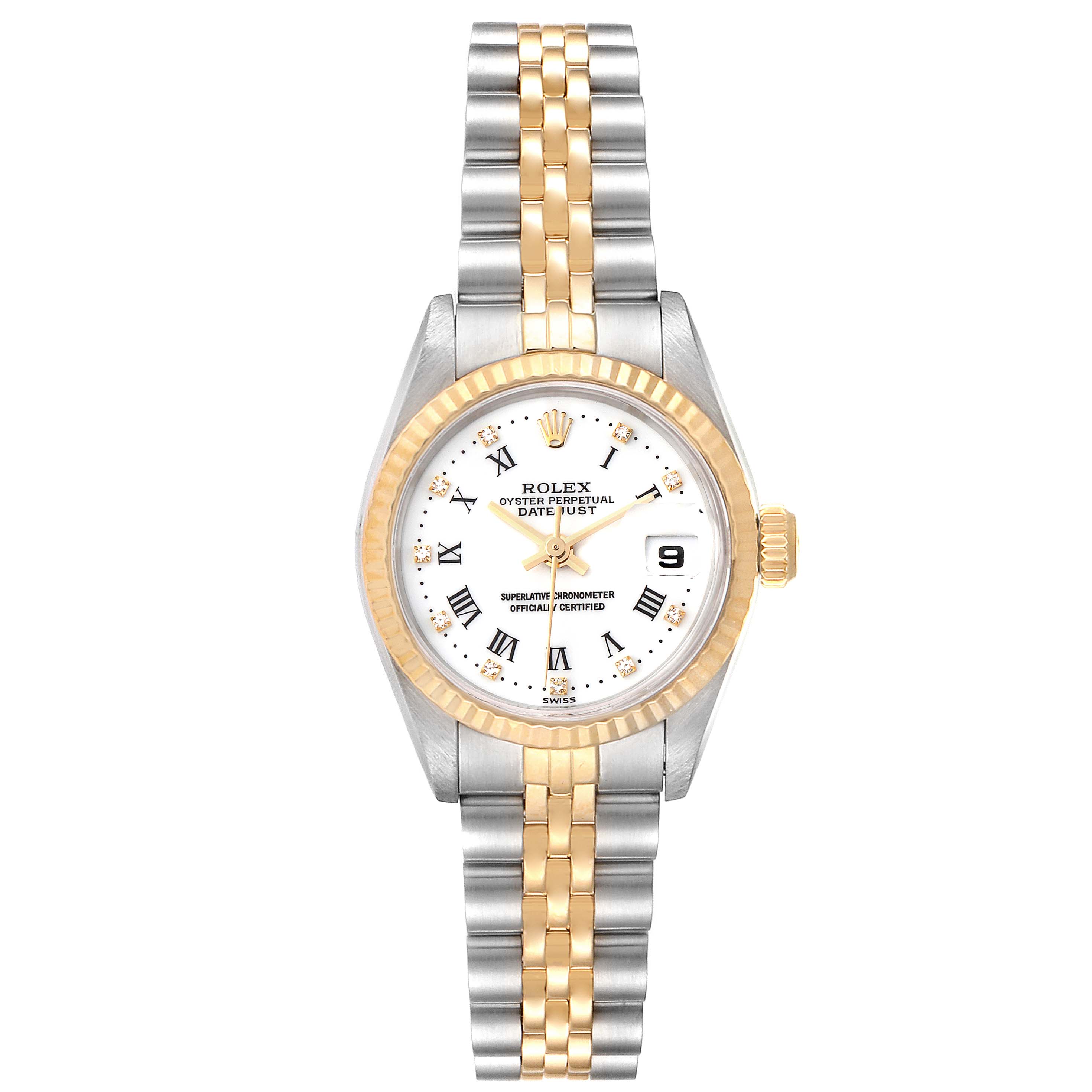 The image shows a front view of a Rolex Datejust 69173 Women's Steel and Gold (two tone) White Dial 69173 Women's Steel and Gold (two tone) White Dial watch featuring a two-tone metal strap and a white dial with Roman numerals.