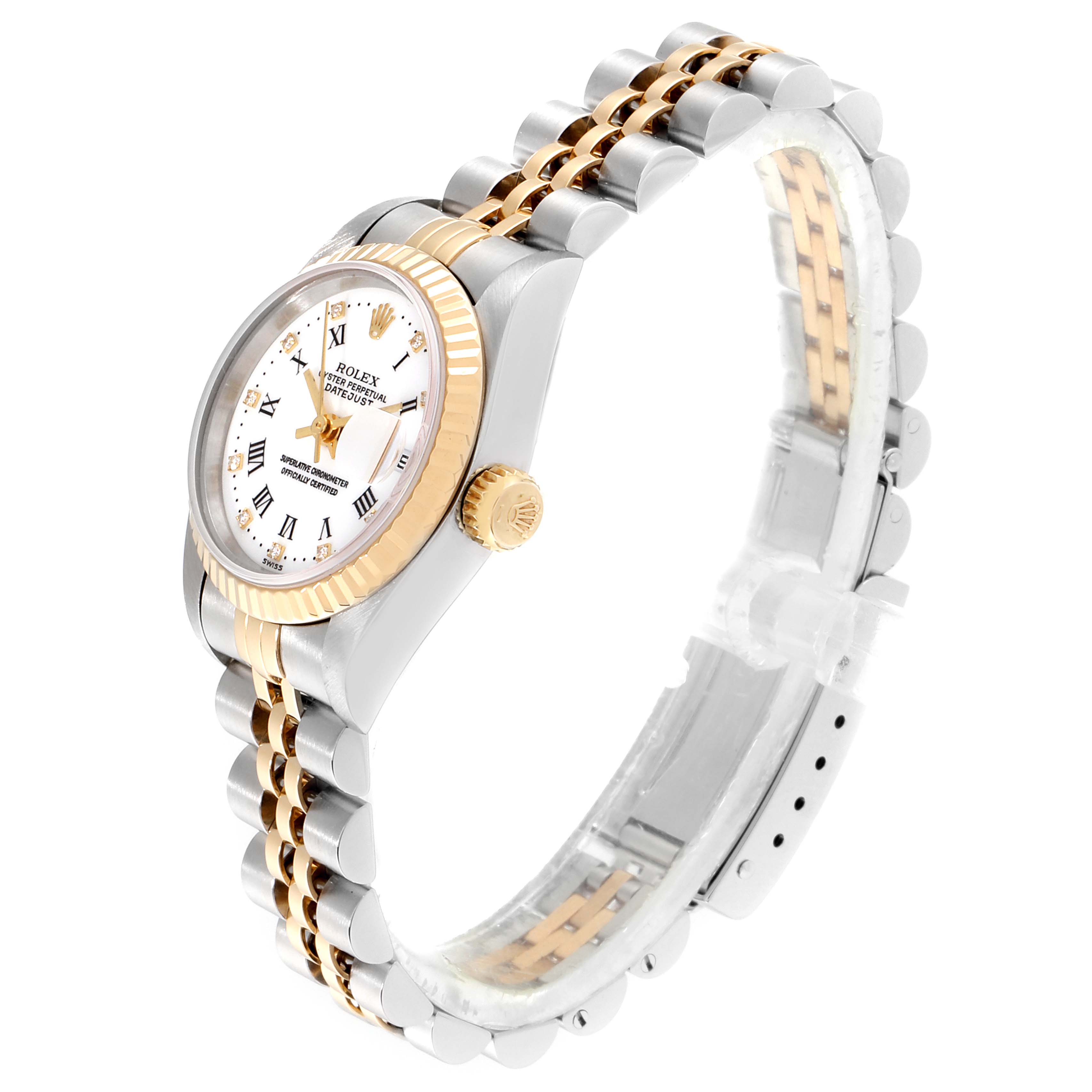 The image shows a side view of a Rolex Datejust 69173 Women's Steel and Gold (two tone) White Dial 69173 Women's Steel and Gold (two tone) White Dial watch, highlighting its two-tone bracelet, white dial, and gold fluted bezel.