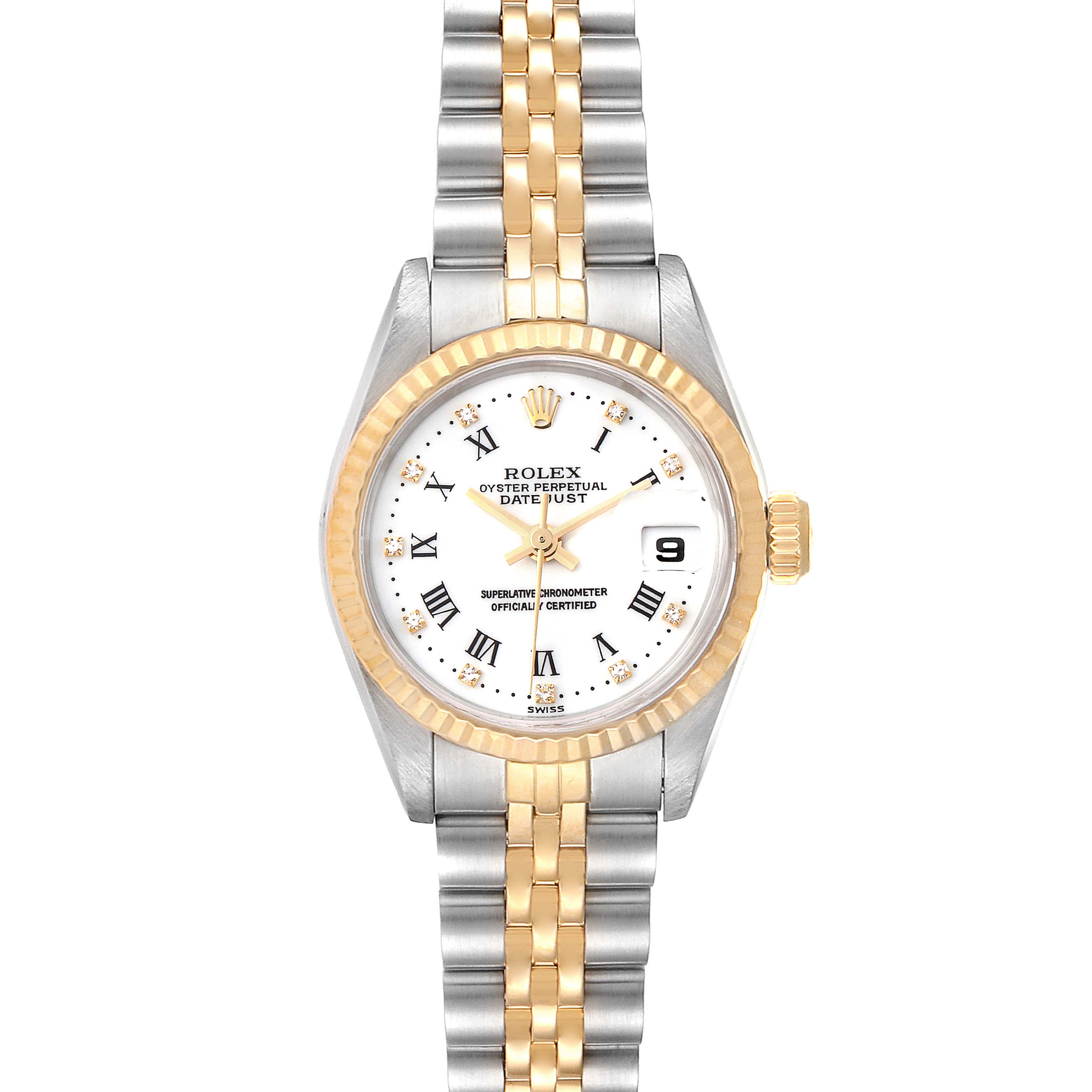 The Rolex Datejust 69173 Women's Steel and Gold (two tone) White Dial 69173 Women's Steel and Gold (two tone) White Dial watch is shown from a front angle, highlighting its dial, bezel, and two-tone bracelet.