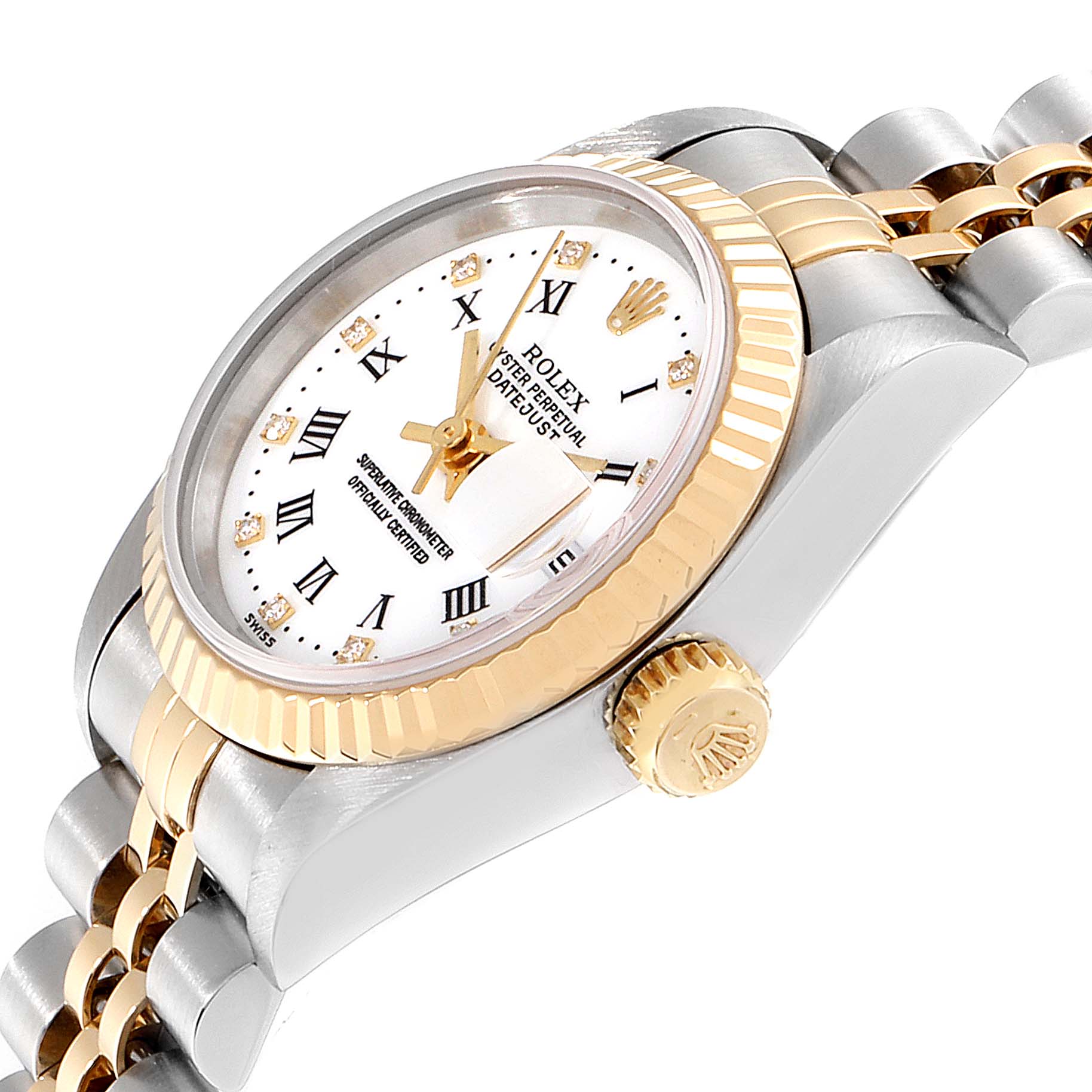 This Rolex Datejust 69173 Women's Steel and Gold (two tone) White Dial 69173 Women's Steel and Gold (two tone) White Dial watch is shown at a slight angle, highlighting the face, gold fluted bezel, crown, and part of the bracelet.