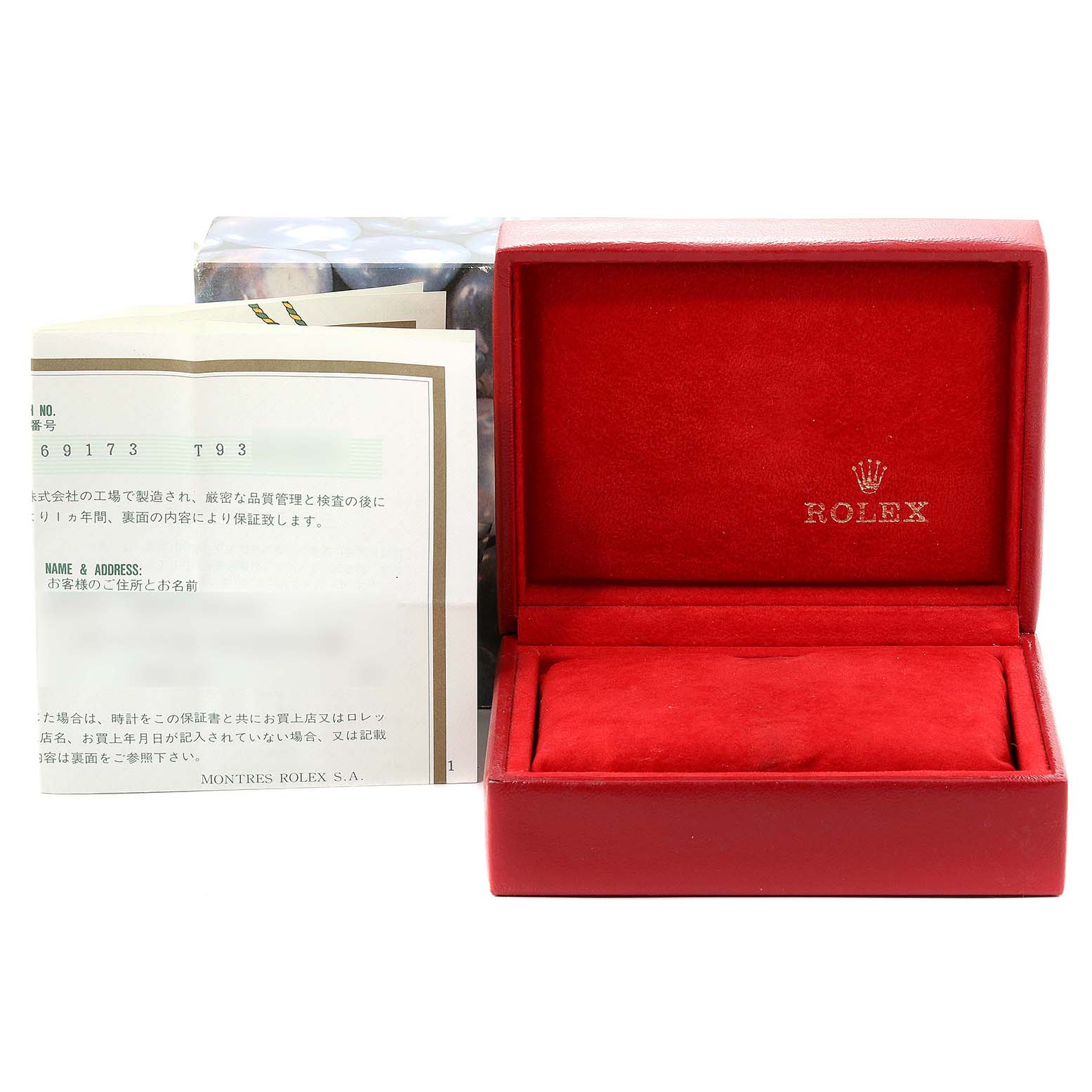 This image shows an empty Rolex Datejust 69173 Women's Steel and Gold (two tone) White Dial 69173 Women's Steel and Gold (two tone) White Dial watch case, watch documents, and a partially visible pouch at a straight angle.