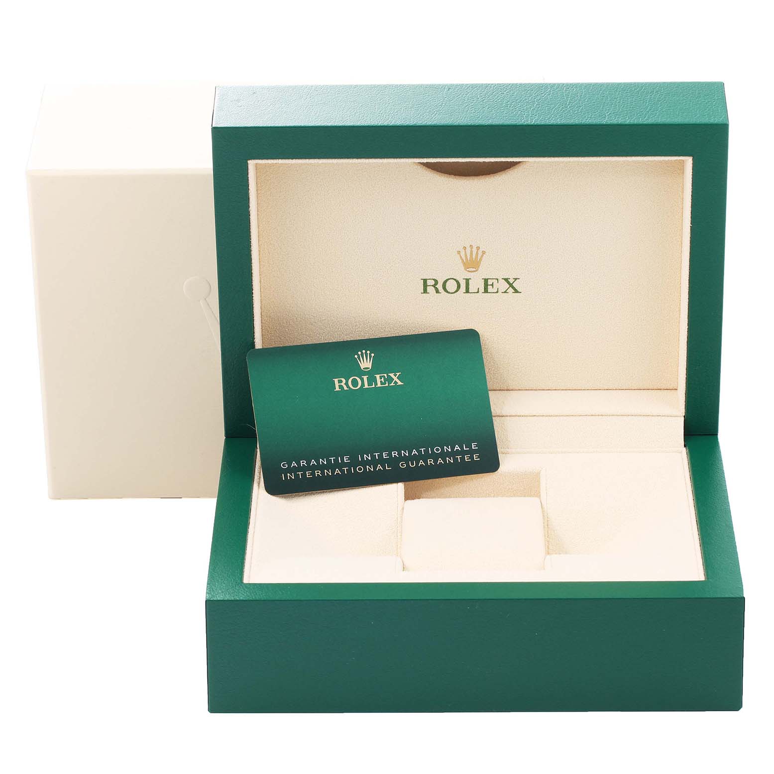 The image shows a Rolex Datejust 126233 Men's Steel and Gold (two tone) Grey Dial 126233 Men's Steel and Gold (two tone) Grey Dial watch box, partially open, with an international guarantee card displayed inside.