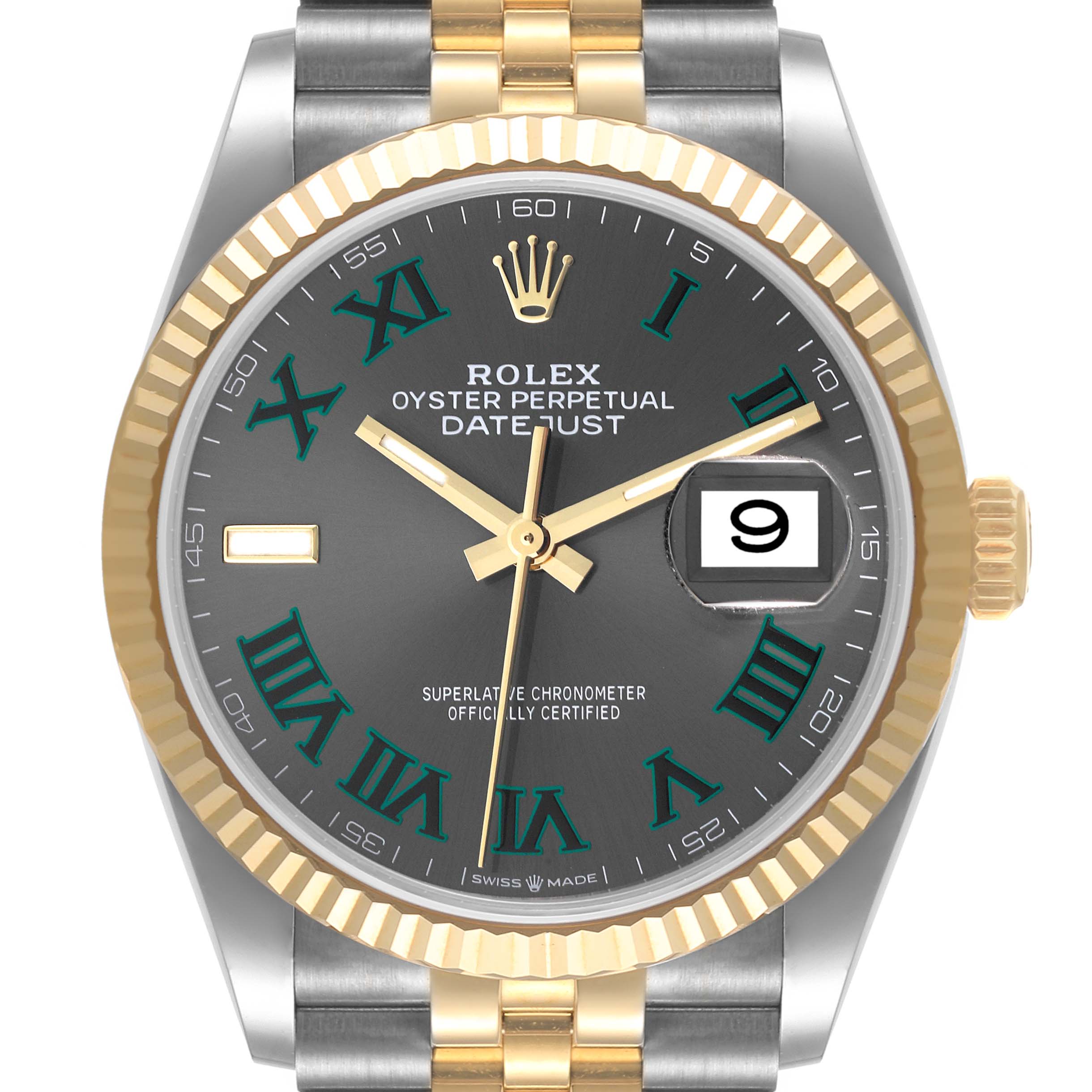 The image shows a front view of the Rolex Datejust 126233 Men's Steel and Gold (two tone) Grey Dial 126233 Men's Steel and Gold (two tone) Grey Dial watch, displaying the dial, bezel, hands, date window, and part of the bracelet.