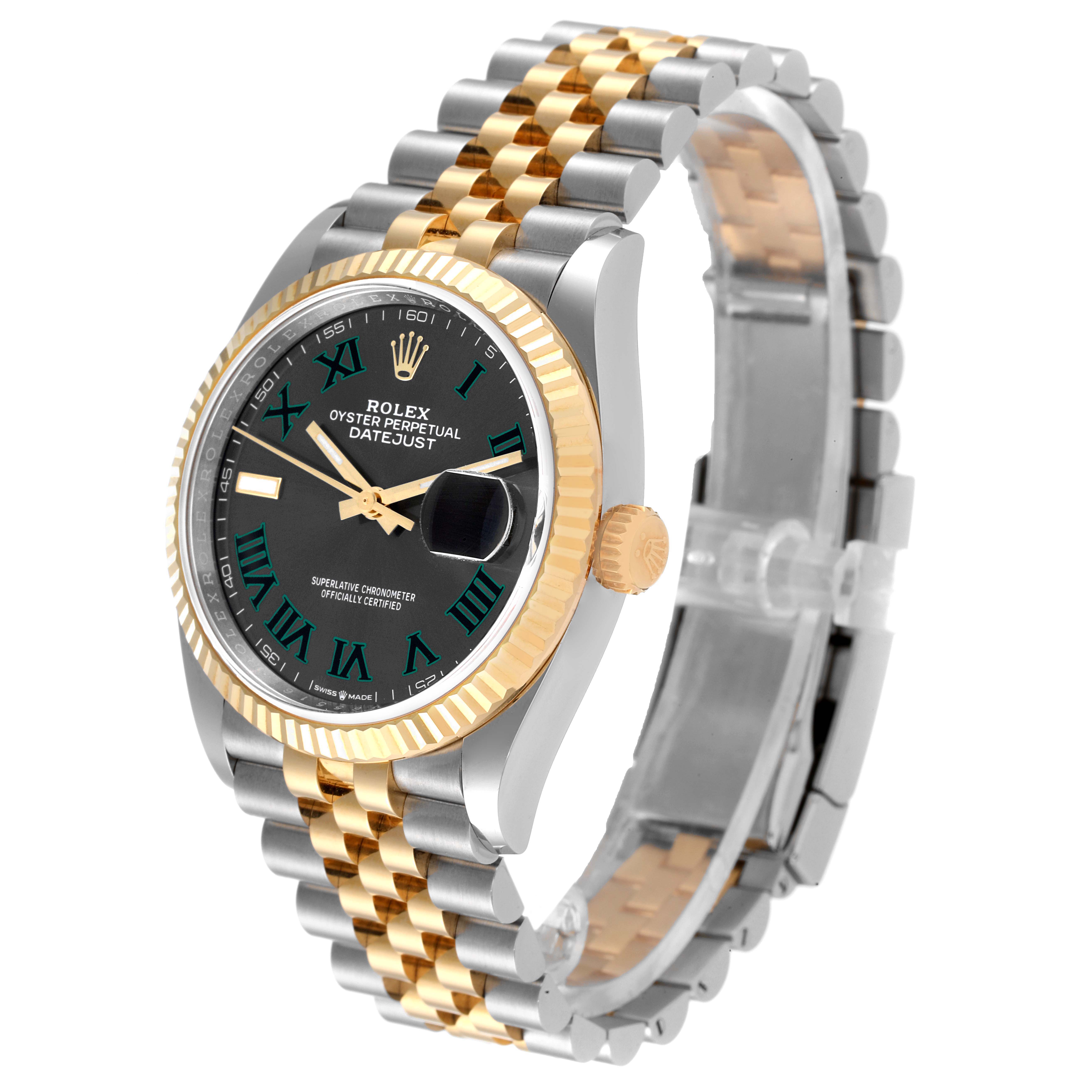 The image shows a Rolex Datejust 126233 Men's Steel and Gold (two tone) Grey Dial 126233 Men's Steel and Gold (two tone) Grey Dial watch from an angled side view, highlighting its dial, bezel, crown, and bracelet.