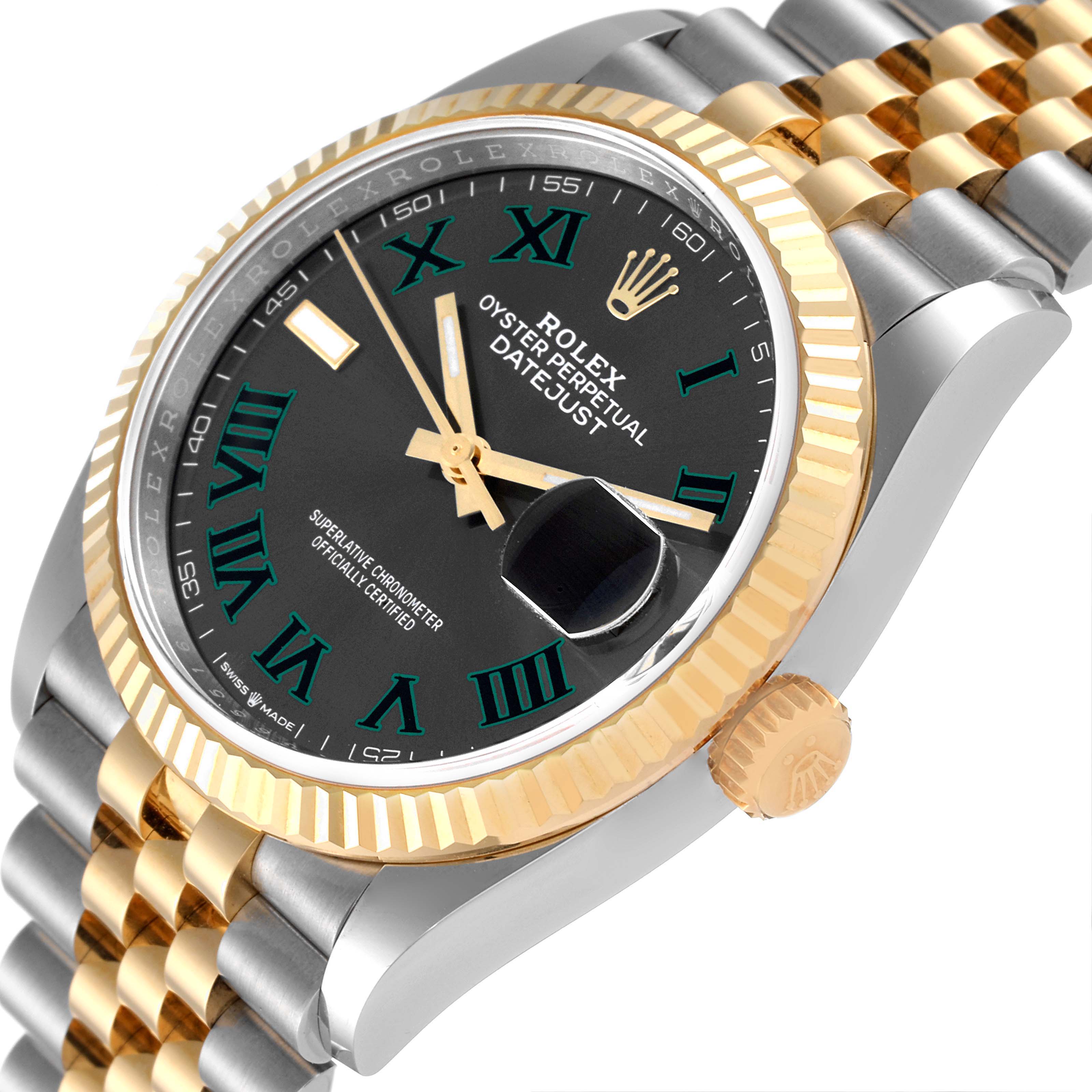 The image shows a close-up angle of the Rolex Datejust 126233 Men's Steel and Gold (two tone) Grey Dial 126233 Men's Steel and Gold (two tone) Grey Dial watch featuring the dial, bezel, crown, and part of the bracelet.