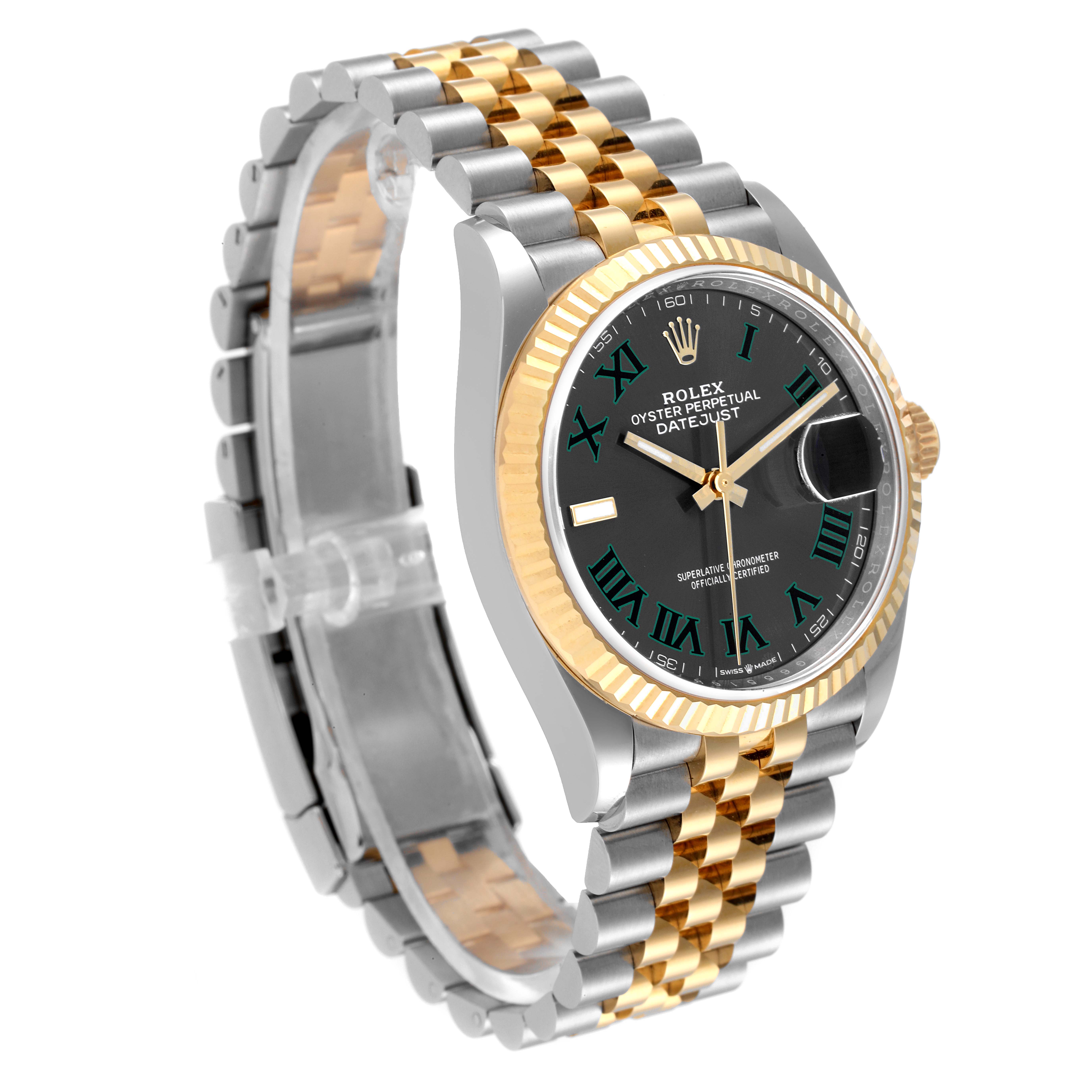 The image shows a Rolex Datejust 126233 Men's Steel and Gold (two tone) Grey Dial 126233 Men's Steel and Gold (two tone) Grey Dial watch at a three-quarter angle, displaying its black dial, gold fluted bezel, and two-tone bracelet.