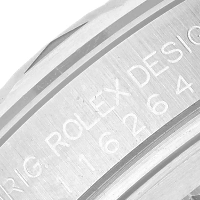 The image shows a close-up of the case back engraving of a Rolex Turn-o-Graph 116264 Men's Stainless Steel White Dial 116264 Men's Stainless Steel White Dial model.