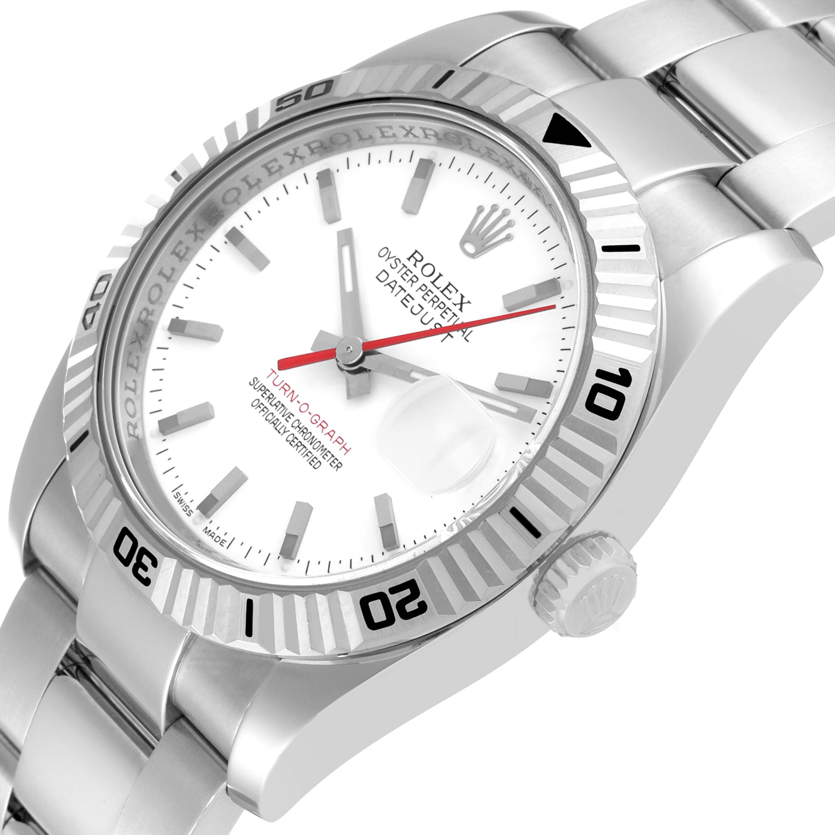 The image shows a close-up angle of the Rolex Turn-o-Graph 116264 Men's Stainless Steel White Dial 116264 Men's Stainless Steel White Dial watch, highlighting its face, bezel, crown, and part of the bracelet.