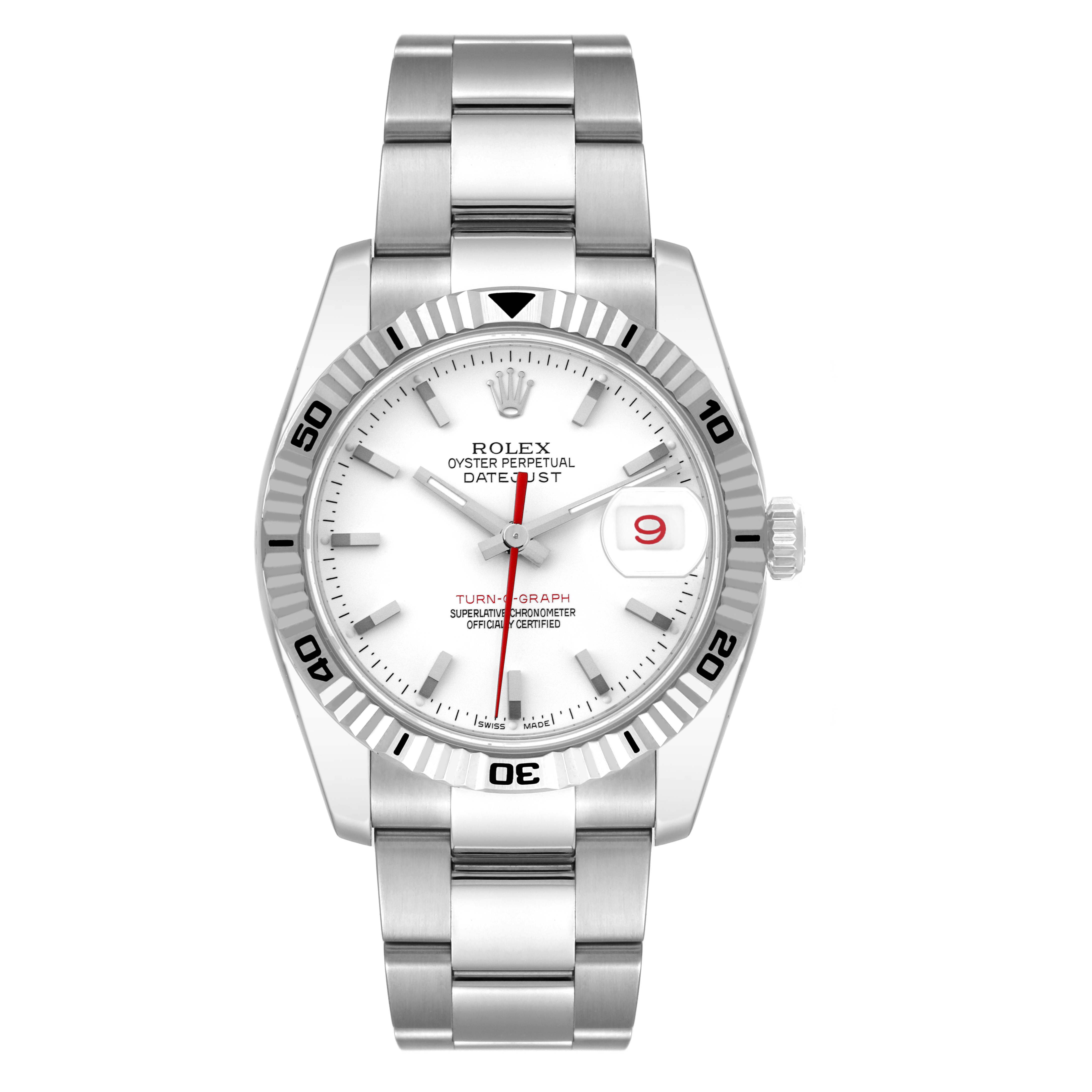 The image shows a front view of the Rolex Turn-o-Graph 116264 Men's Stainless Steel White Dial 116264 Men's Stainless Steel White Dial watch, highlighting its white dial, red second hand, date window, and stainless steel bracelet.