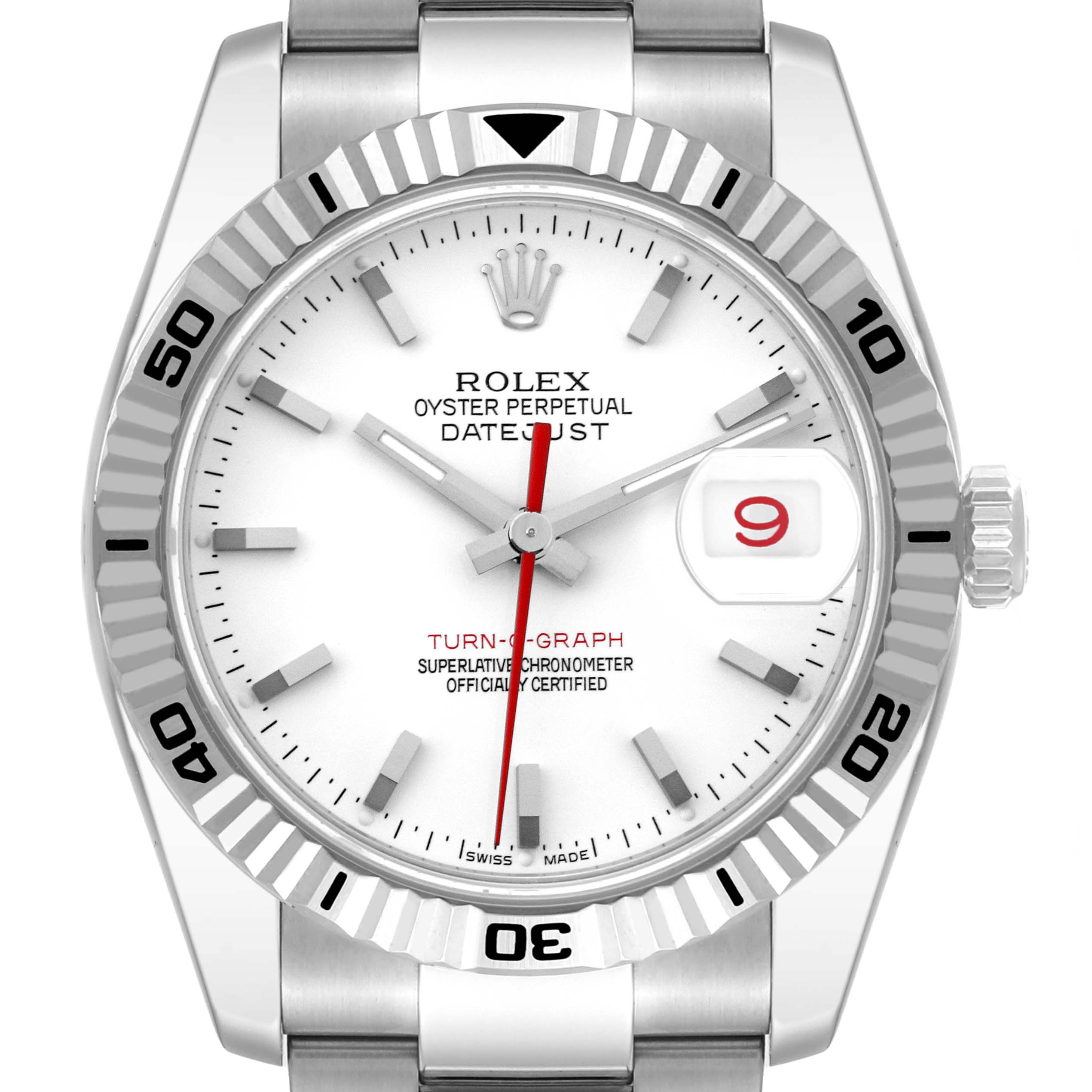 The image shows a front view of the Rolex Turn-o-Graph 116264 Men's Stainless Steel White Dial 116264 Men's Stainless Steel White Dial with visible dial, bezel, and bracelet detail.