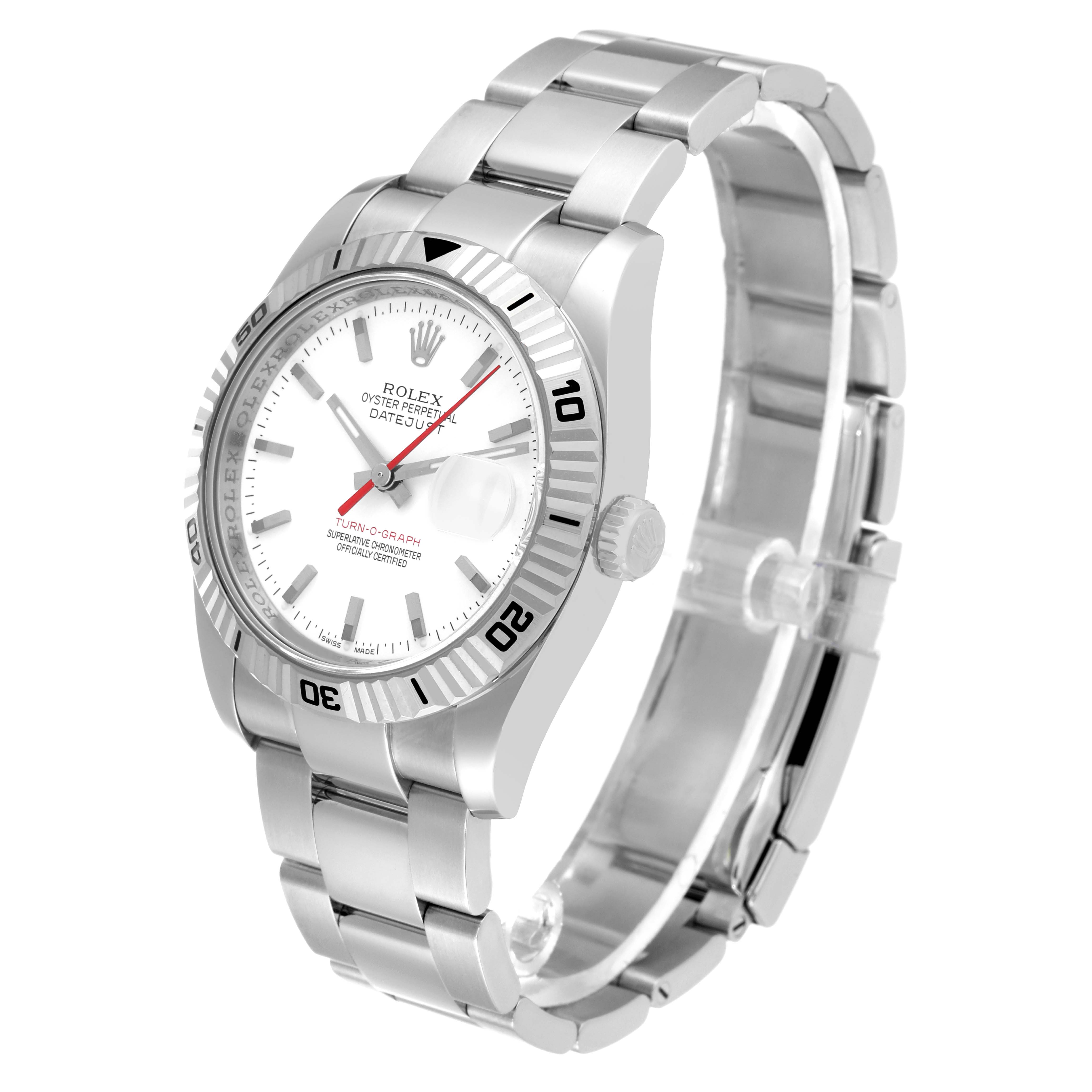 The Rolex Turn-o-Graph 116264 Men's Stainless Steel White Dial 116264 Men's Stainless Steel White Dial watch is shown at a three-quarter angle, displaying its face, bezel, and bracelet.