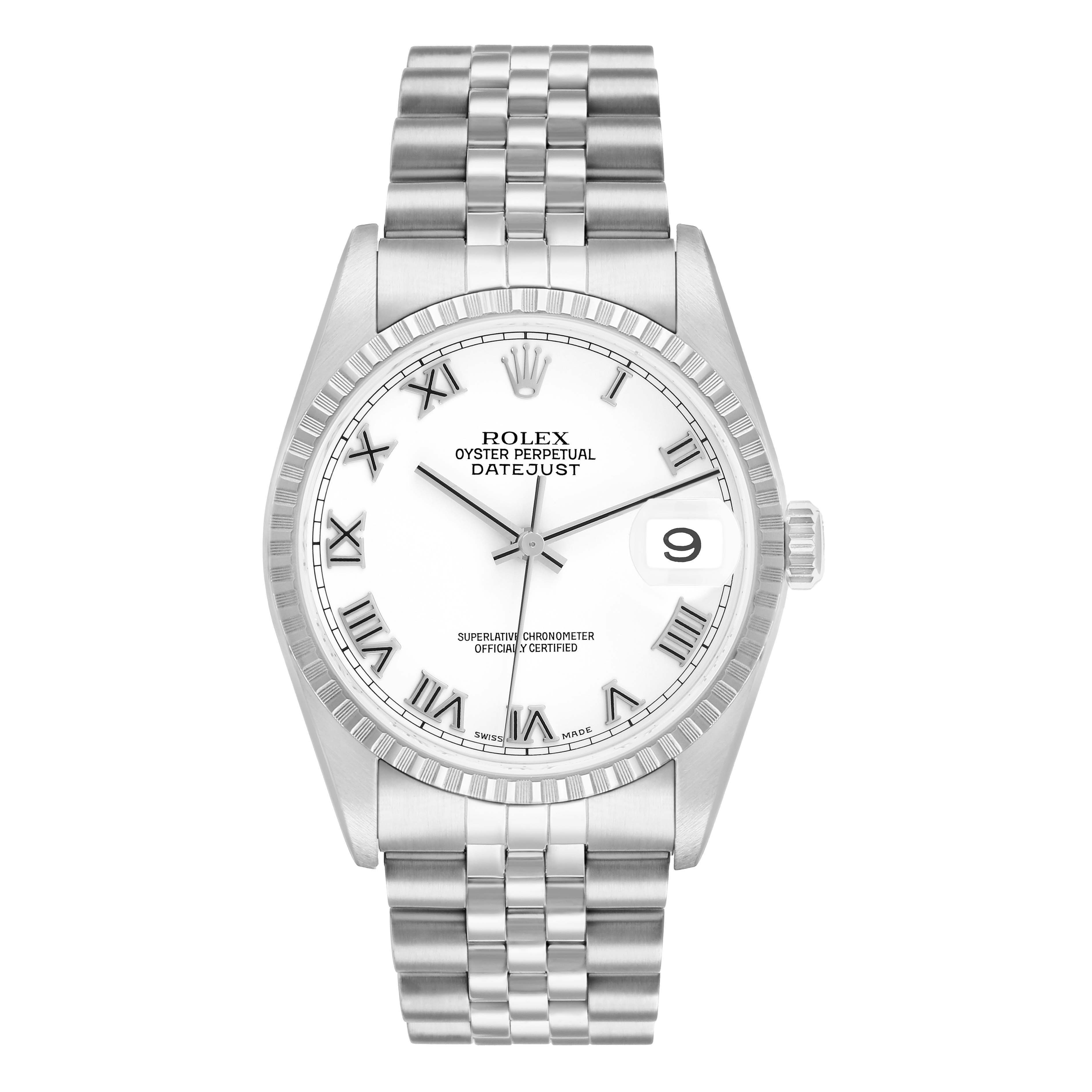 The Rolex Datejust 16220 Men's Stainless Steel White Dial watch is shown from a top view, displaying the bracelet, face, Roman numerals, bezel, and date window.