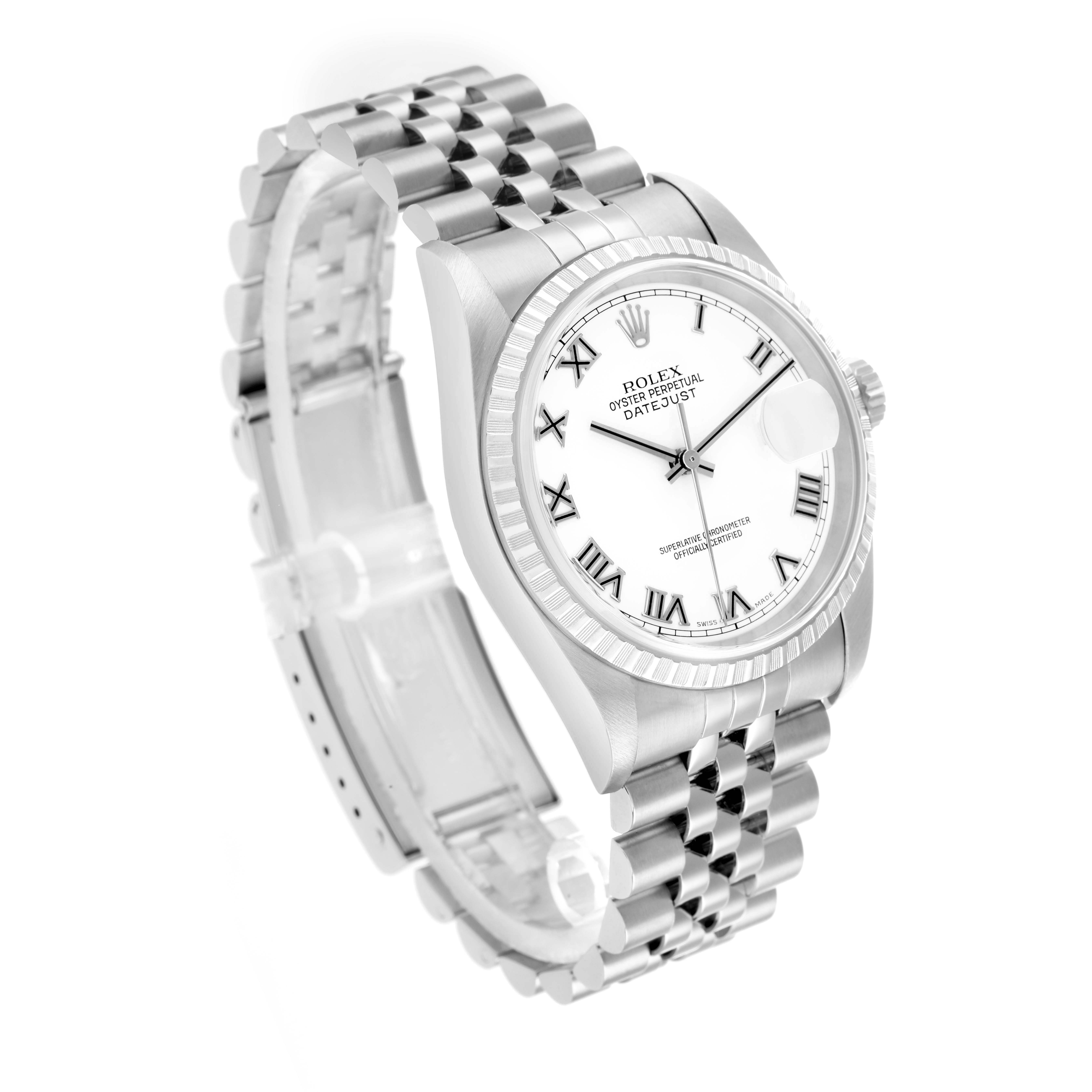 The Rolex Datejust 16220 Men's Stainless Steel White Dial watch is shown at a three-quarter angle, highlighting the dial, bezel, crown, and Jubilee bracelet.