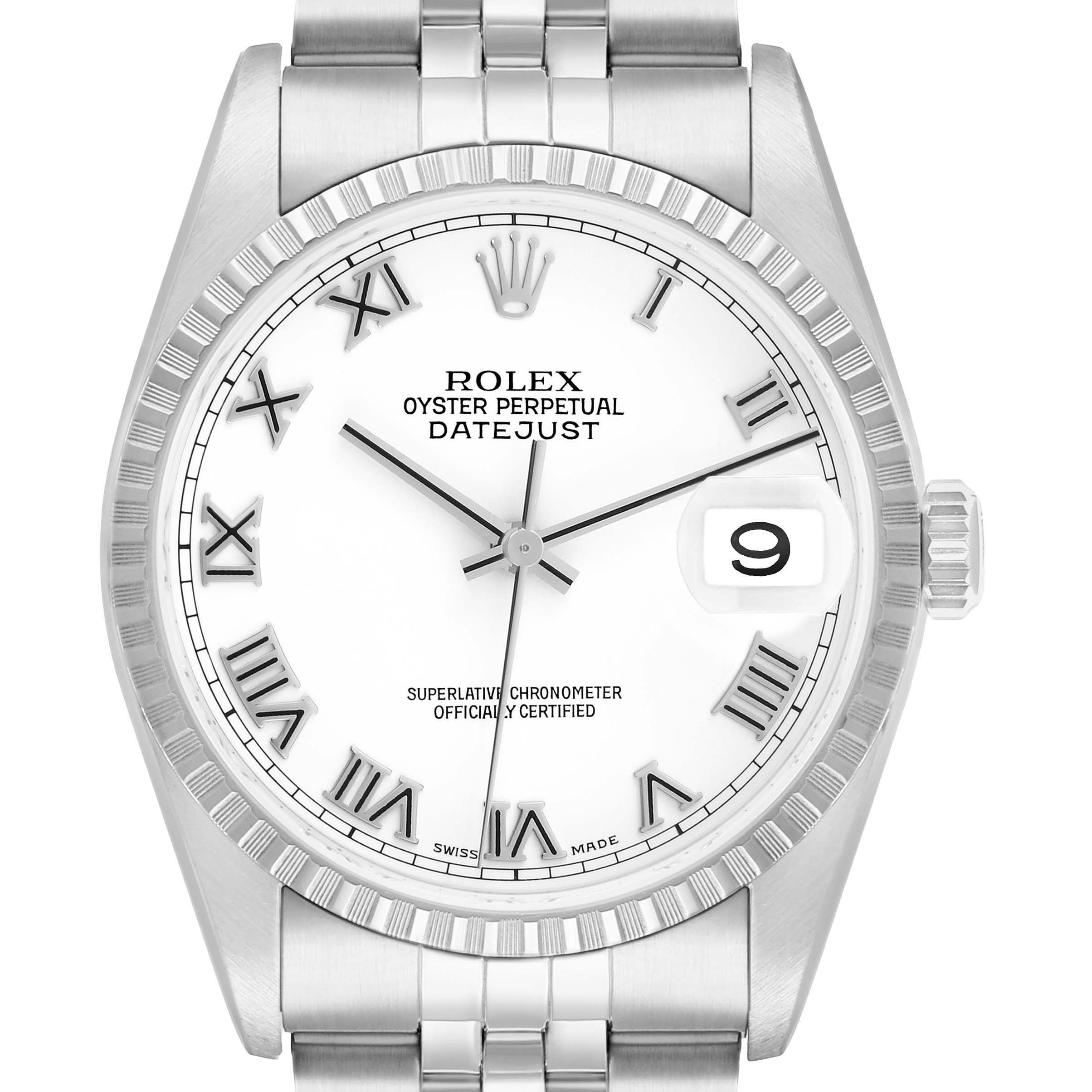 The image shows a Rolex Datejust 16220 Men's Stainless Steel White Dial watch from a front view, highlighting the dial, bezel, hands, and bracelet top.